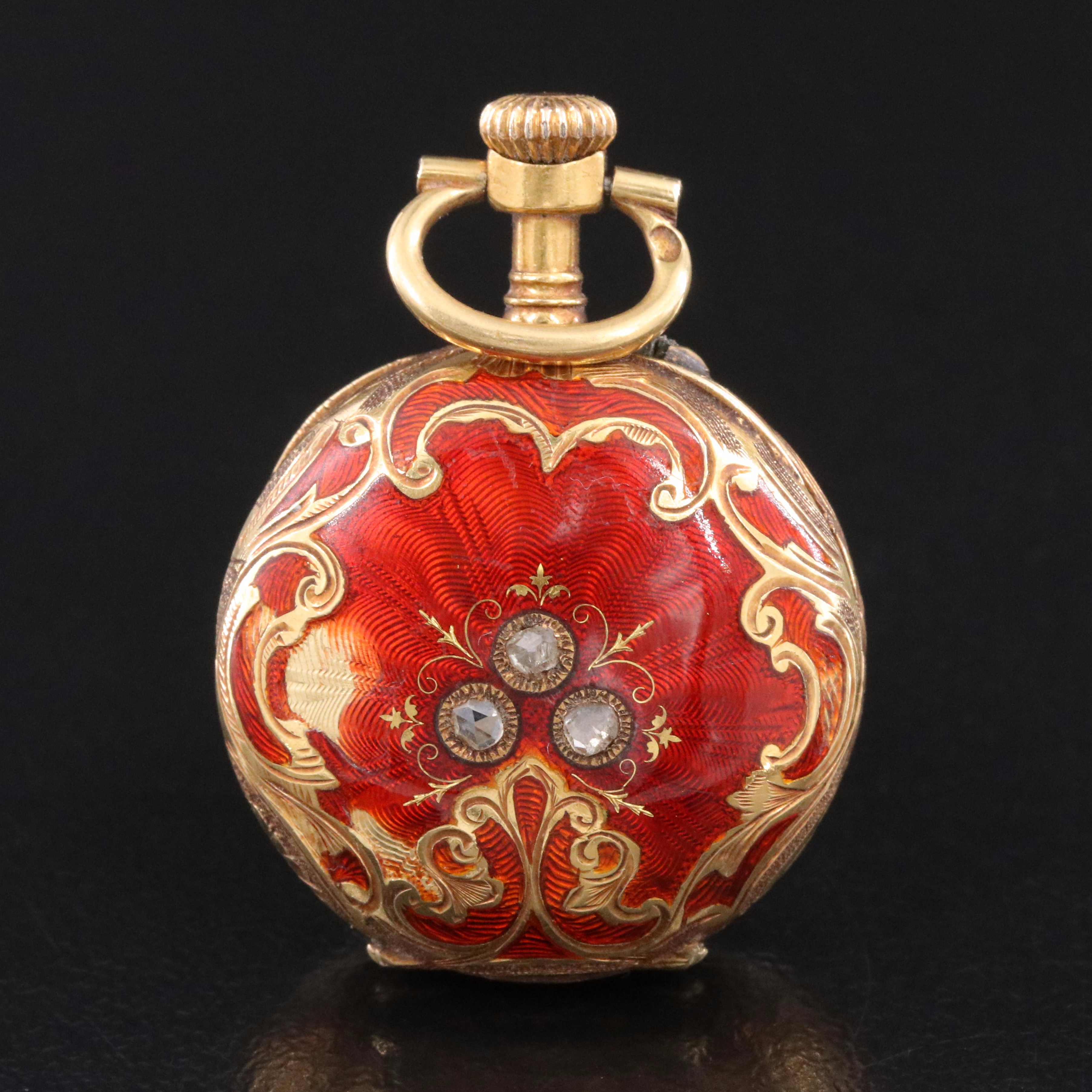 Antique LeCoultre et Cie 18K and Diamond Enameled Pendant Watch