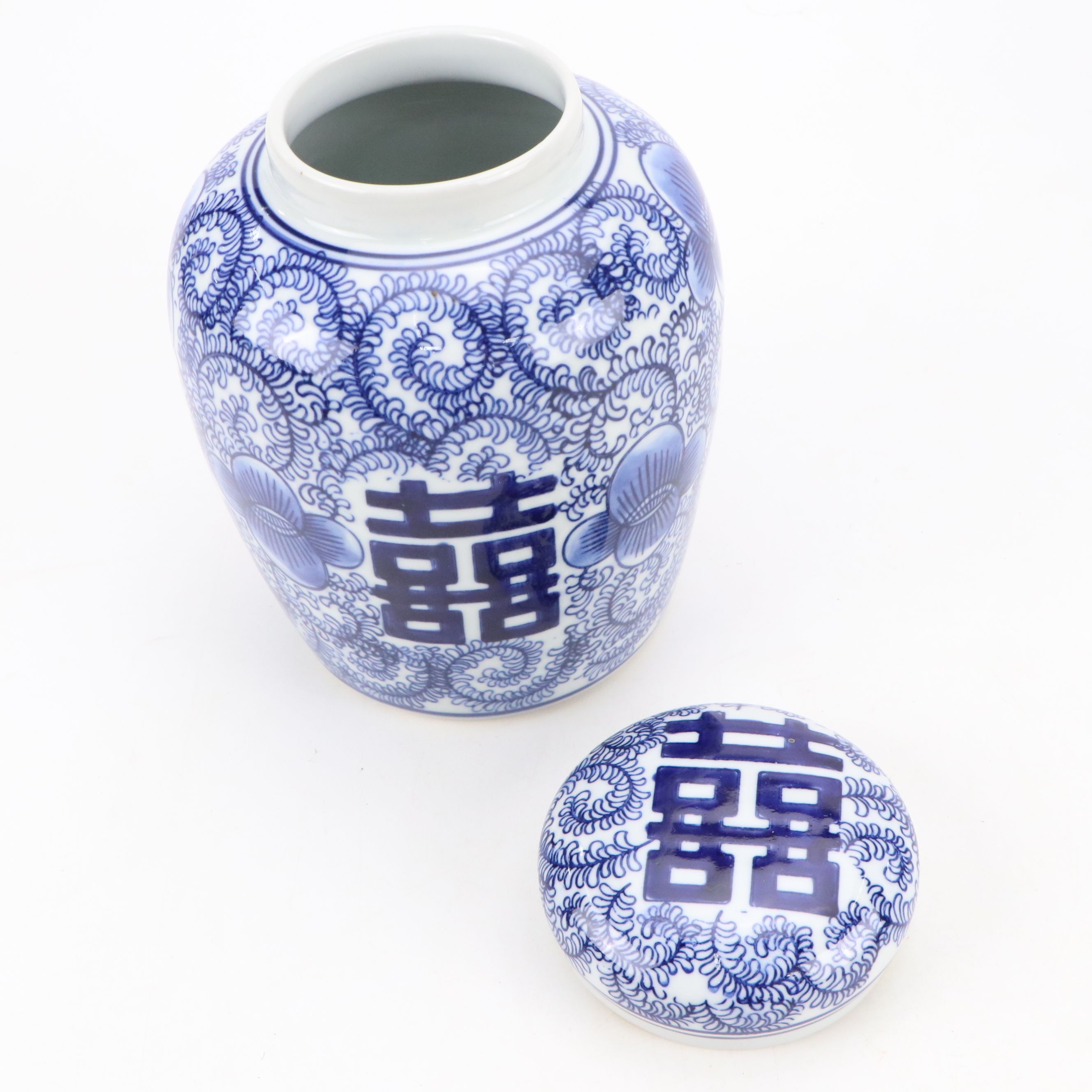 Blue and White Ceramic Double Happiness Chinese Ginger Jar and Vases