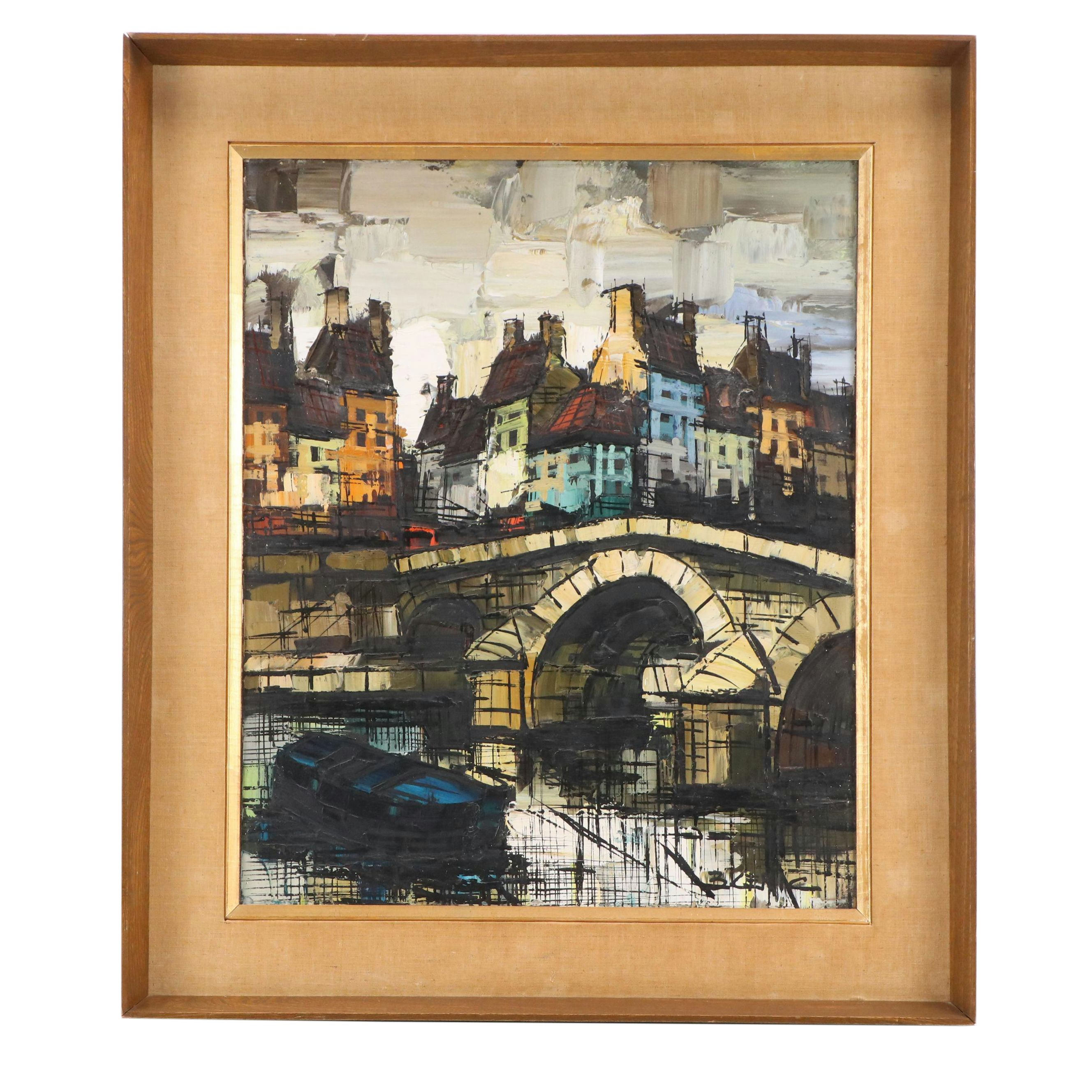 Boris Cenic Modern Oil Painting of European Townscape, Mid-20th Century
