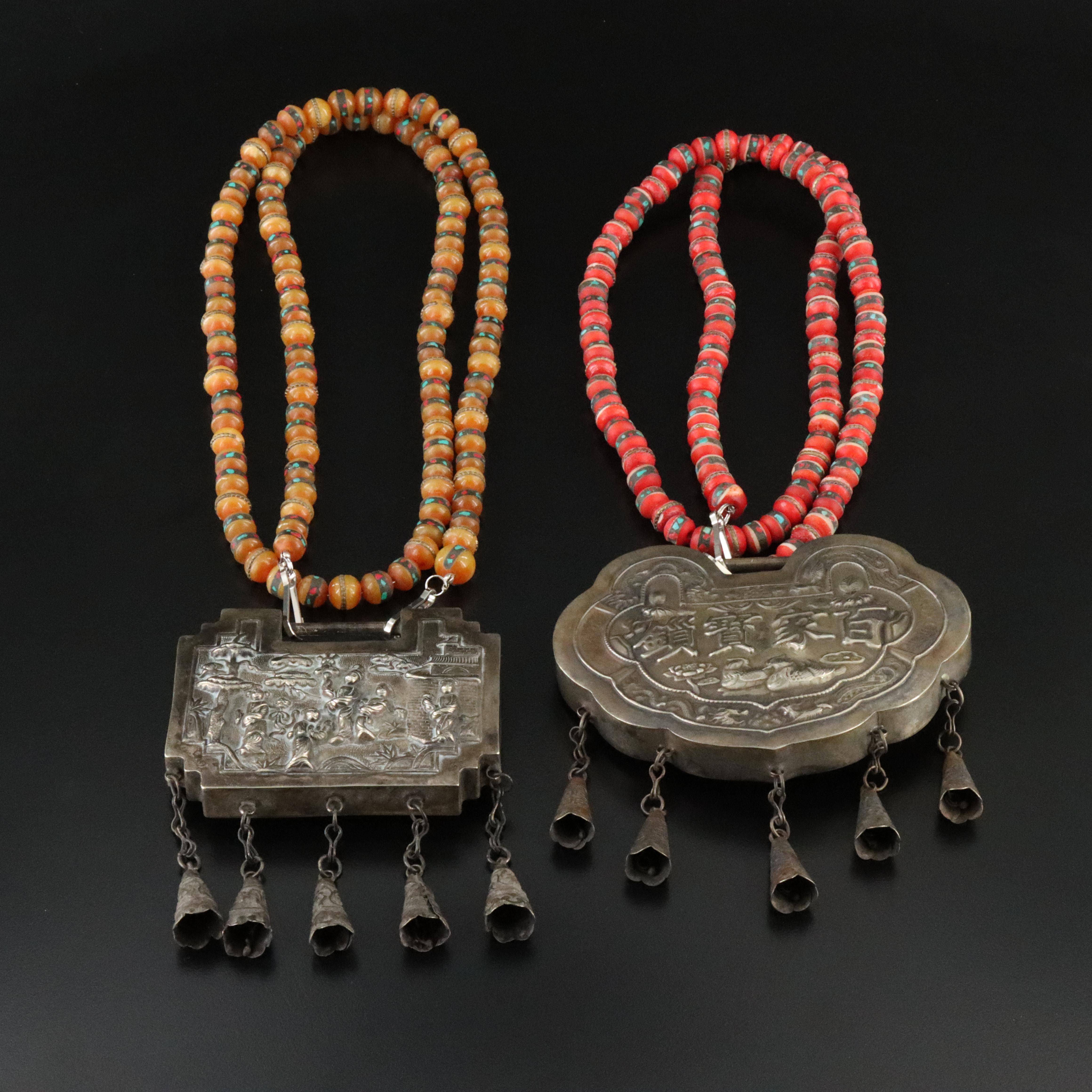 Chinese Qilin and Festivity Scene Lock Charm Necklaces Including Resin