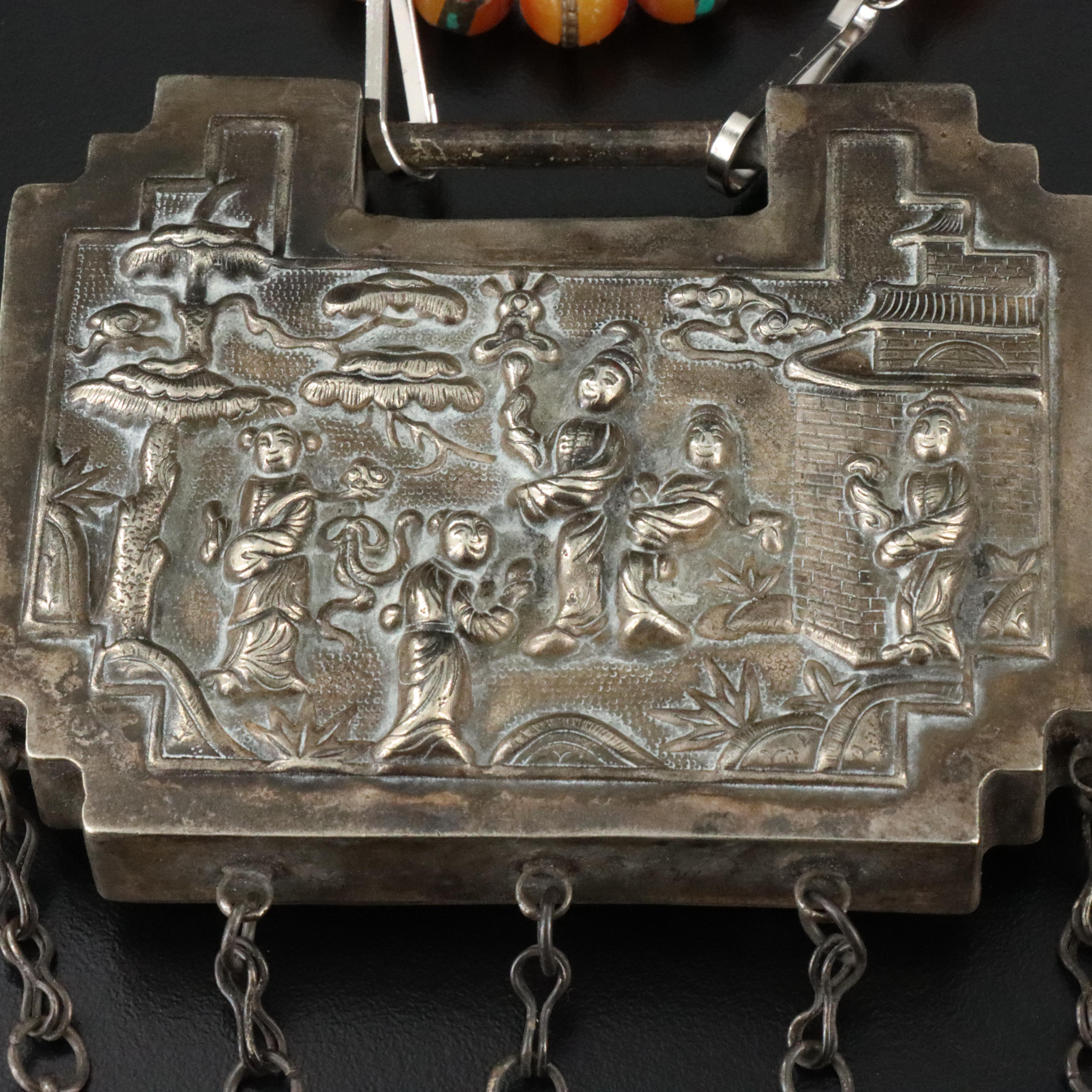 Chinese Qilin and Festivity Scene Lock Charm Necklaces Including Resin