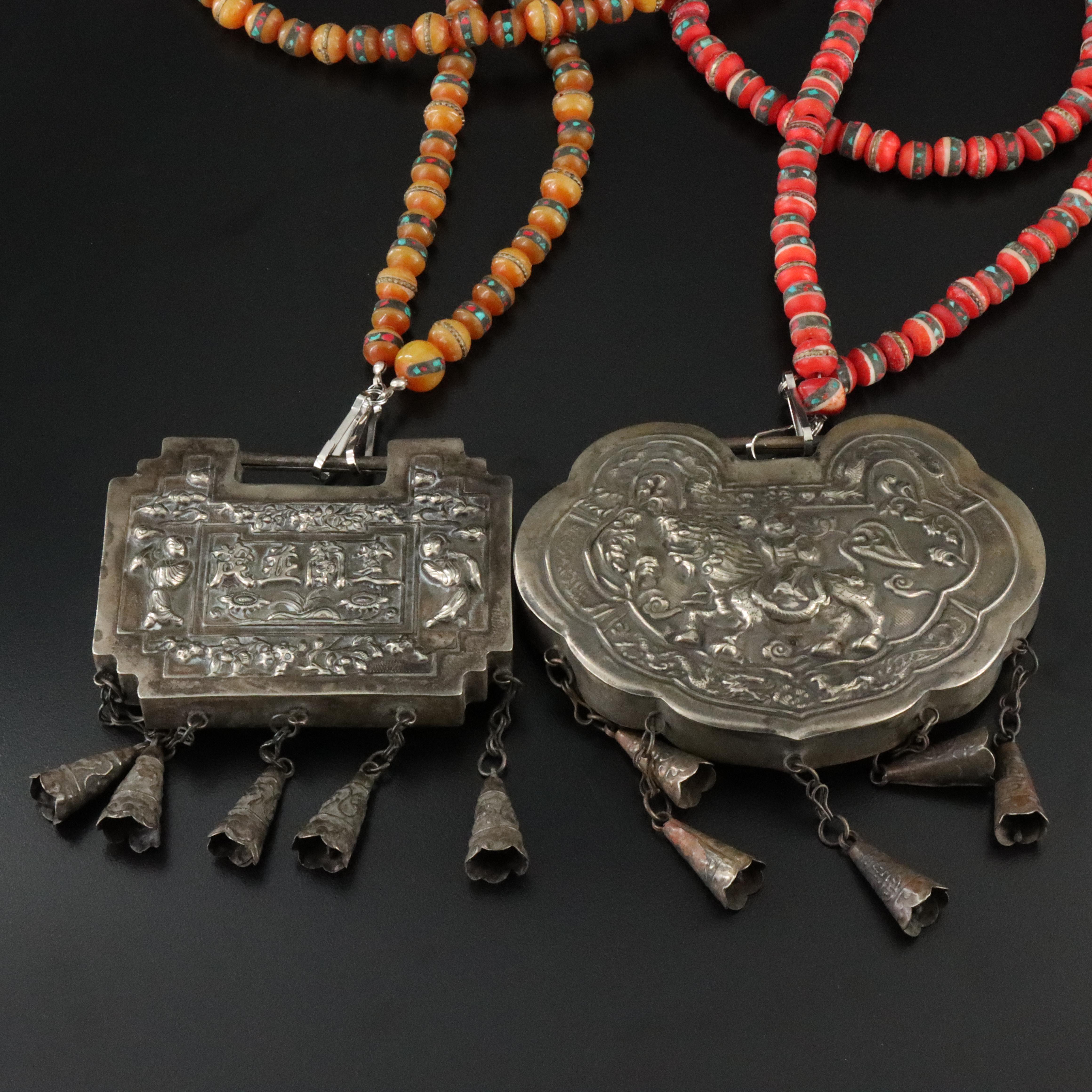 Chinese Qilin and Festivity Scene Lock Charm Necklaces Including Resin