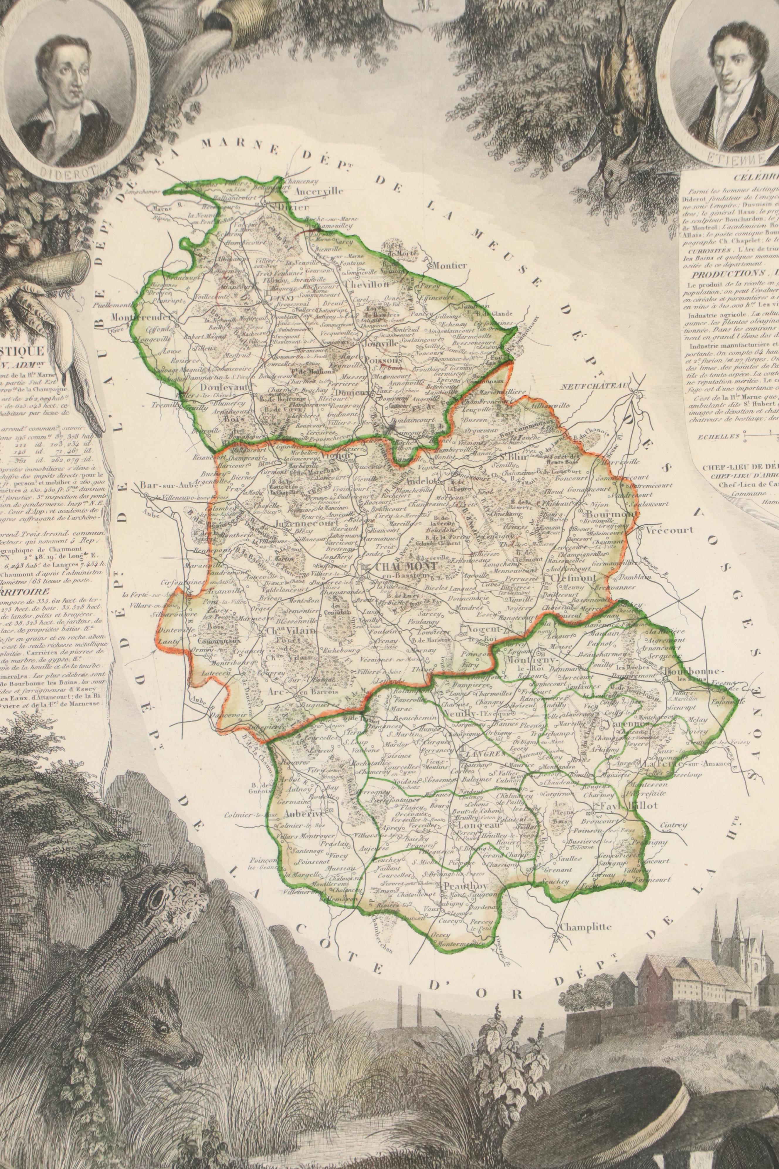 Victor Jules Levasseur Map Etching "Dept. de la Haute Marne," 1844–1845