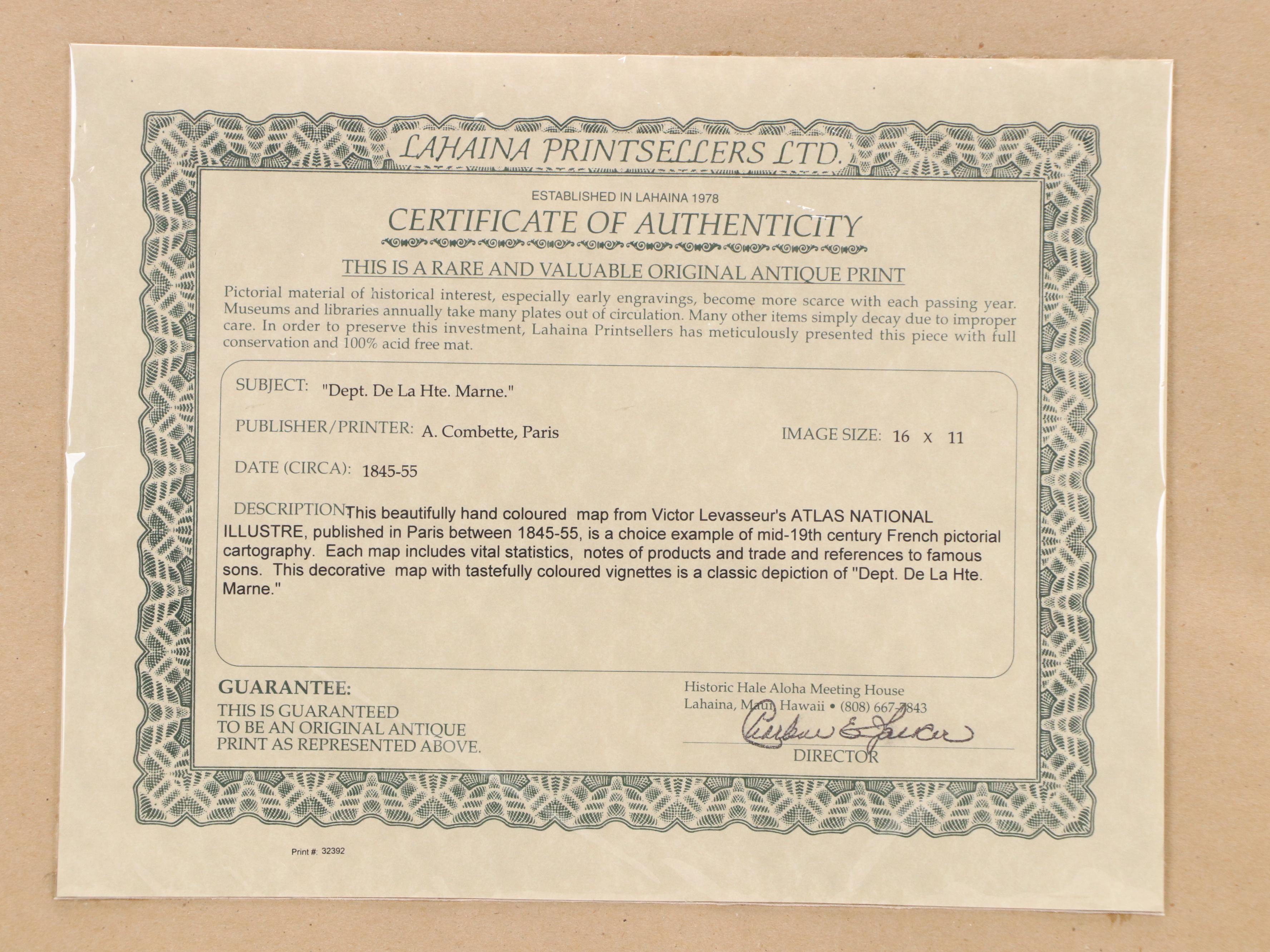 Victor Jules Levasseur Map Etching "Dept. de la Haute Marne," 1844–1845