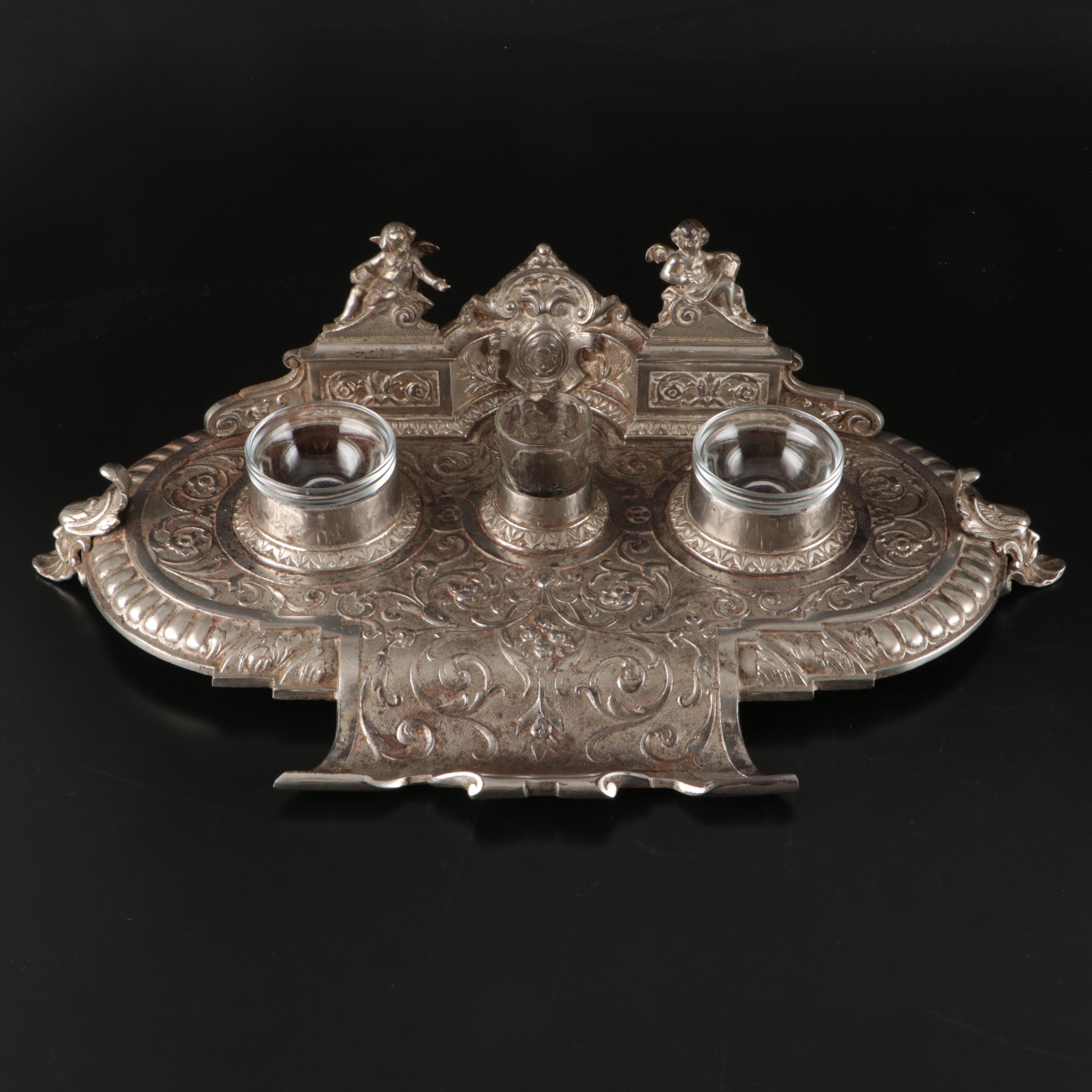 Renaissance Revival Style Silver Finish Double Inkwell