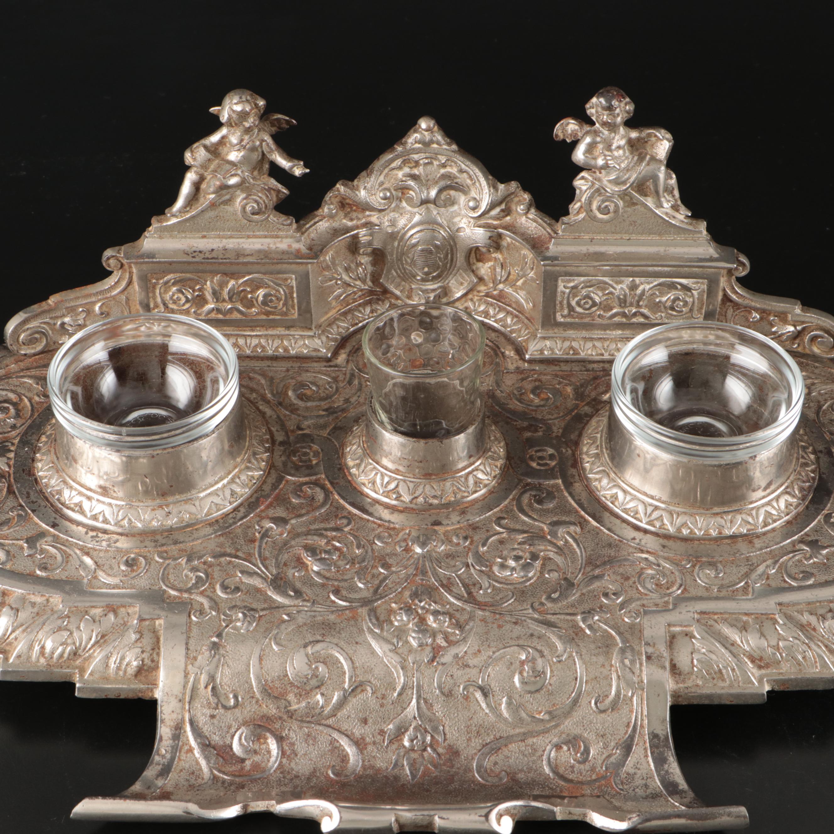 Renaissance Revival Style Silver Finish Double Inkwell