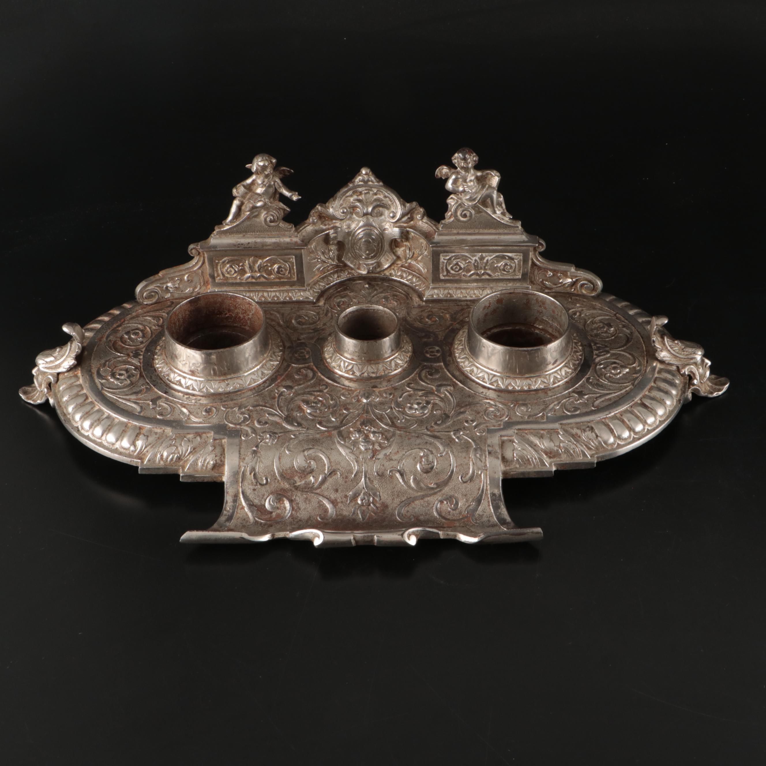 Renaissance Revival Style Silver Finish Double Inkwell