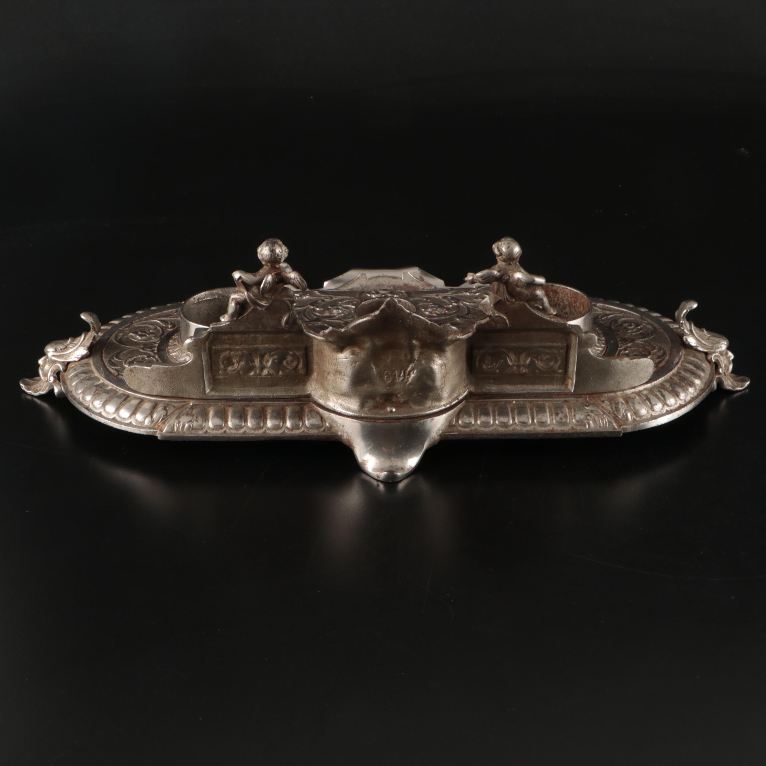Renaissance Revival Style Silver Finish Double Inkwell