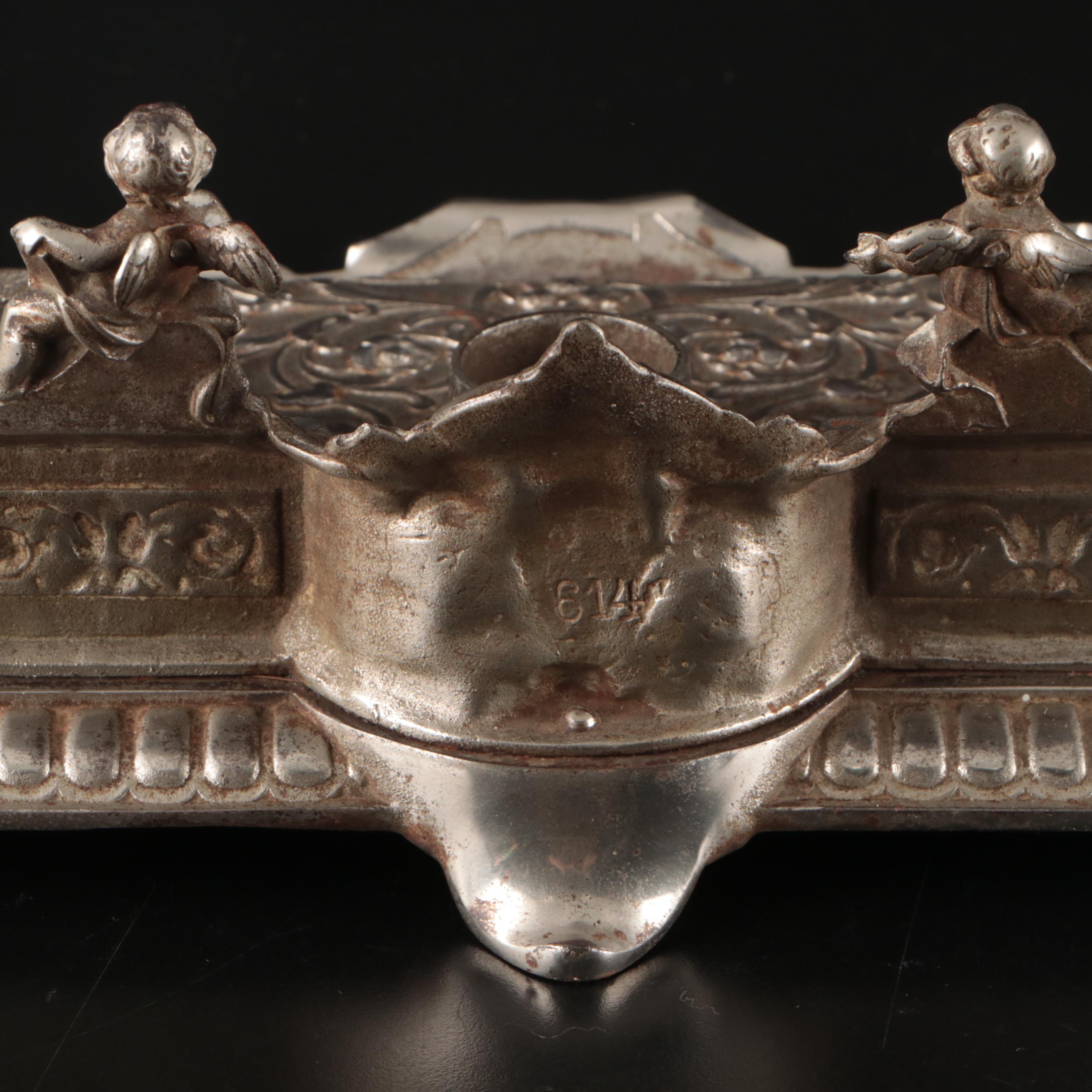 Renaissance Revival Style Silver Finish Double Inkwell