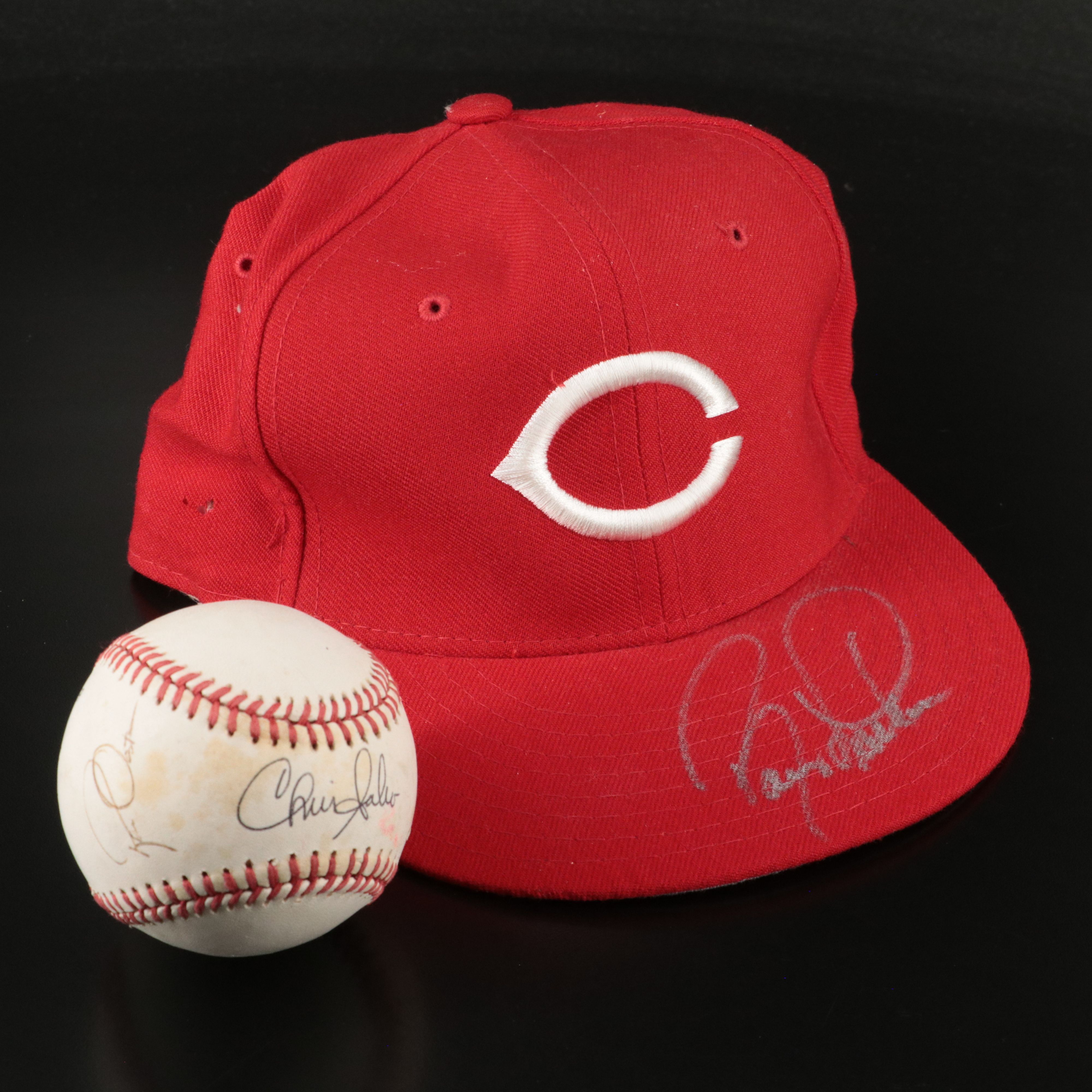 Barry Larkin Signed Hat with Chris Sabo and Ron Oester Signed Baseball