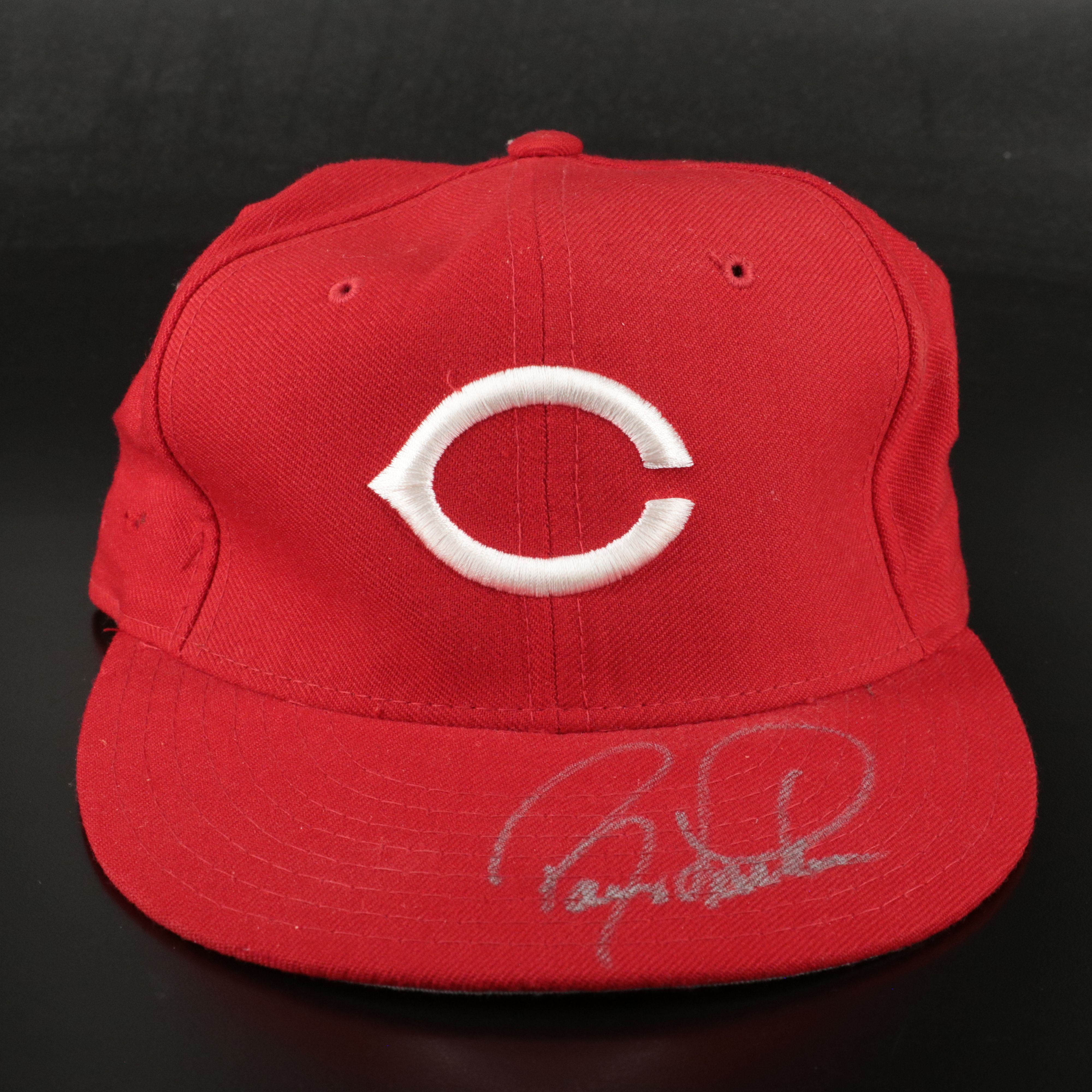 Barry Larkin Signed Hat with Chris Sabo and Ron Oester Signed Baseball