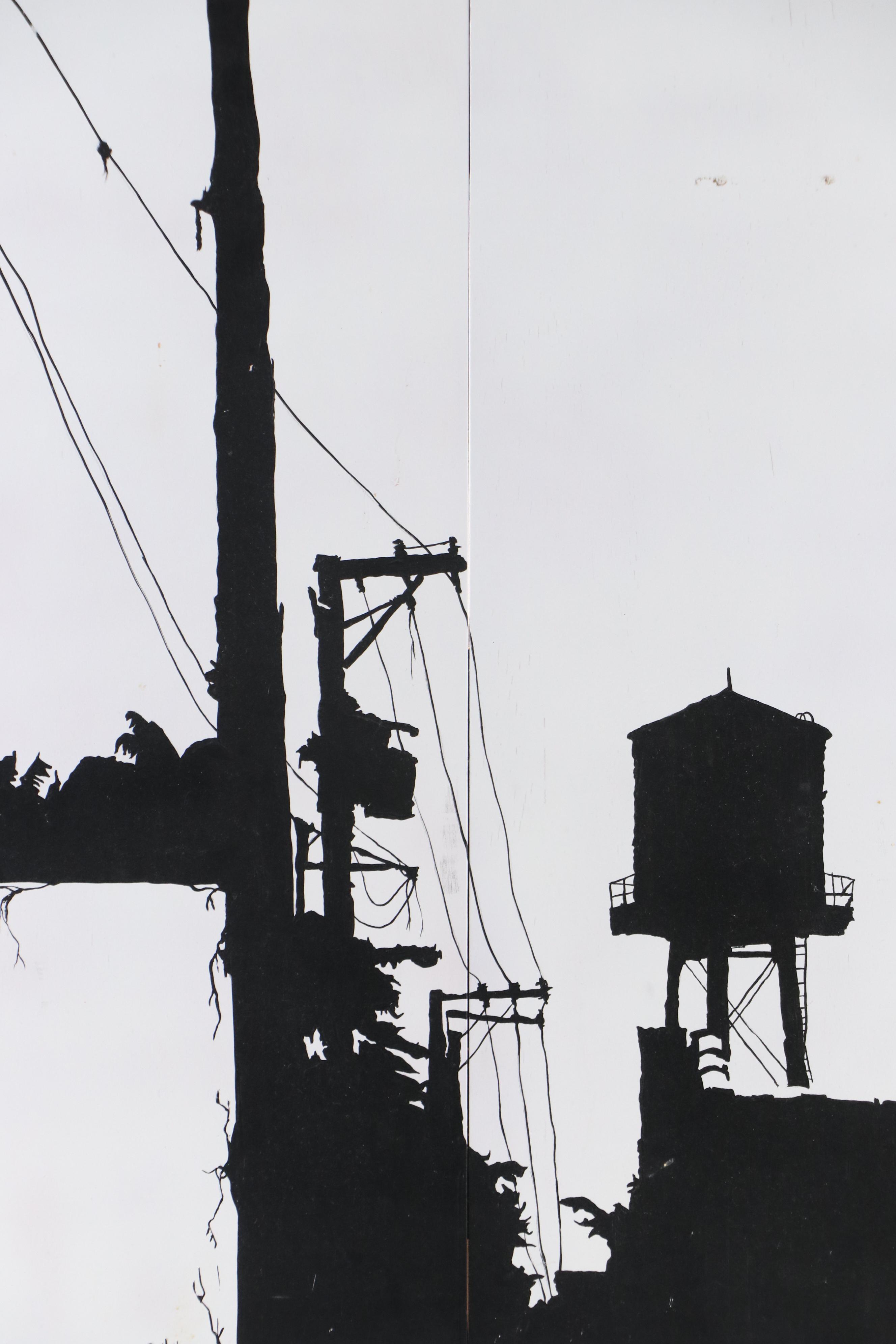Schulz Modern Acrylic Painting of Power Line Industrial Silhouette, 21st Century