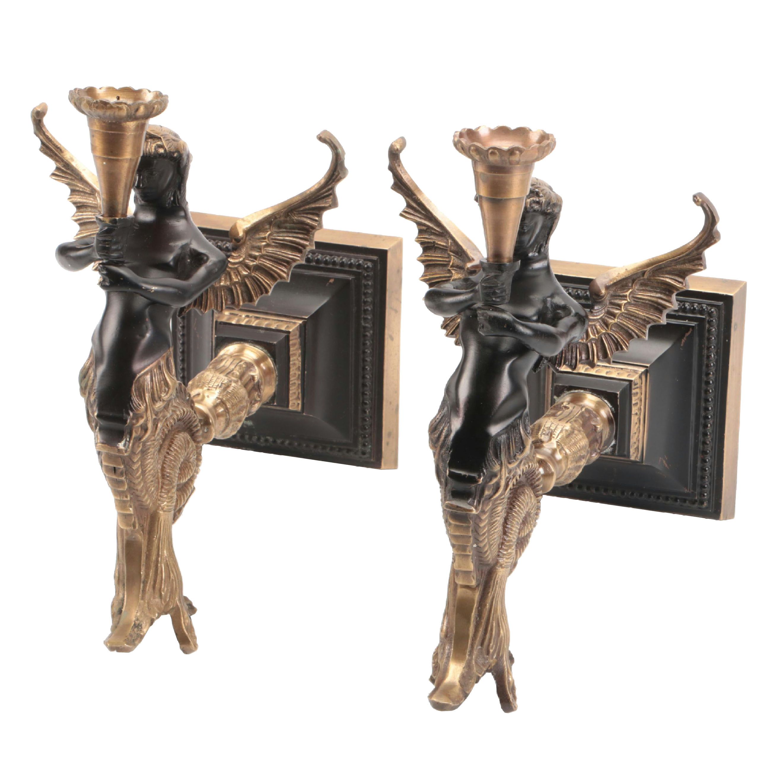 Pair of French Empire Style Bronzed Melusine Candle Wall Sconces
