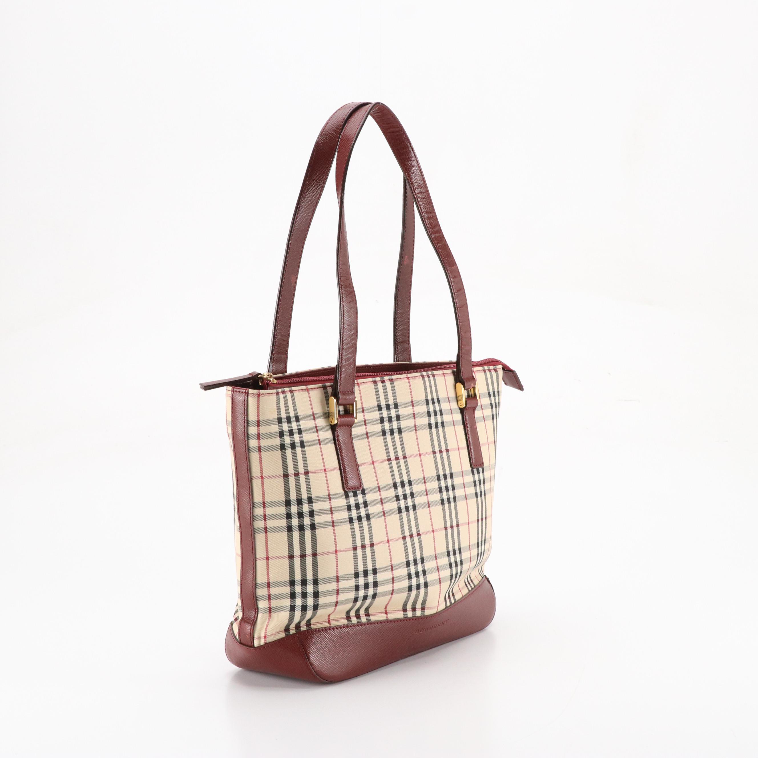 Burberry Shoulder Bag in House Check Canvas and Dark Red Saffiano Leather