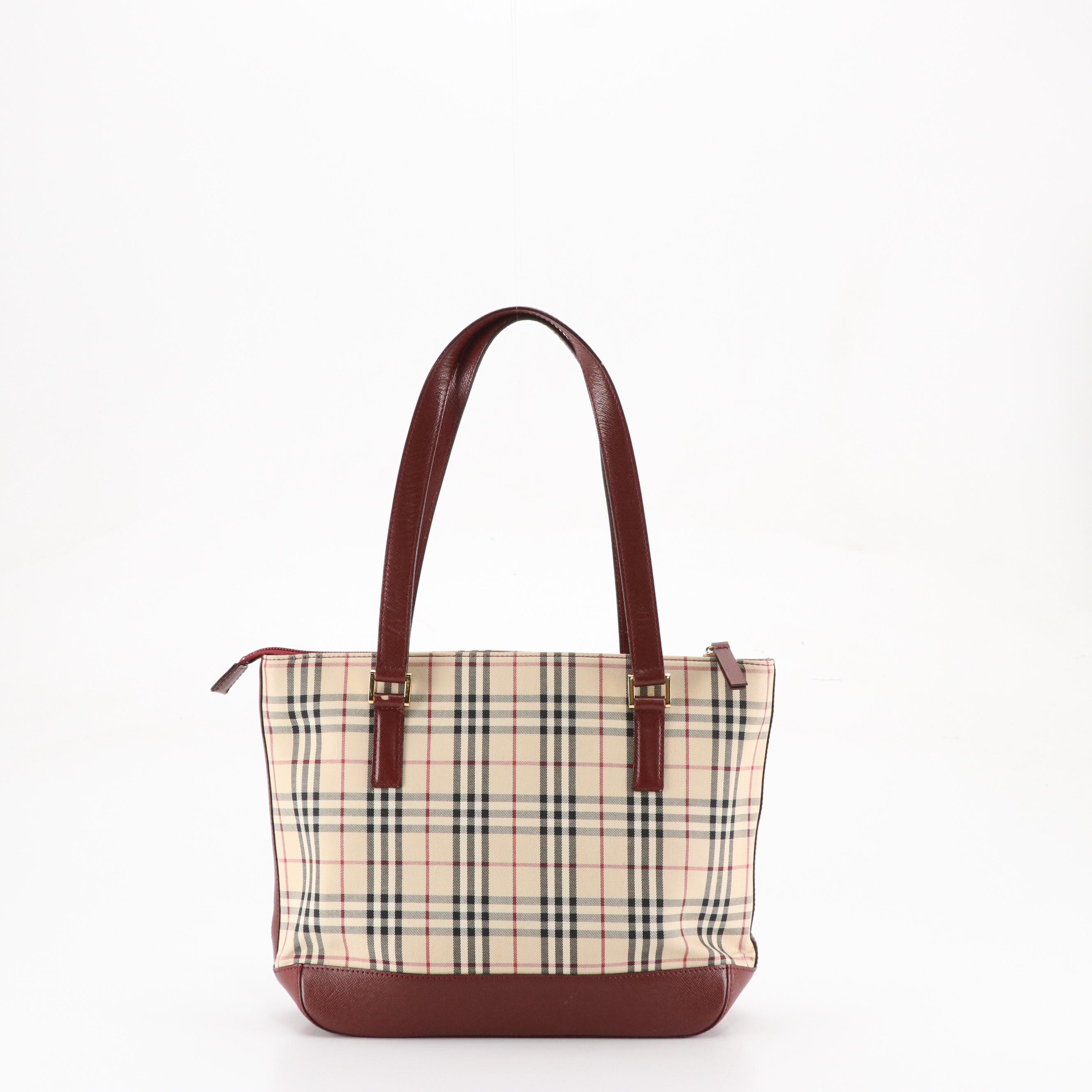 Burberry Shoulder Bag in House Check Canvas and Dark Red Saffiano Leather