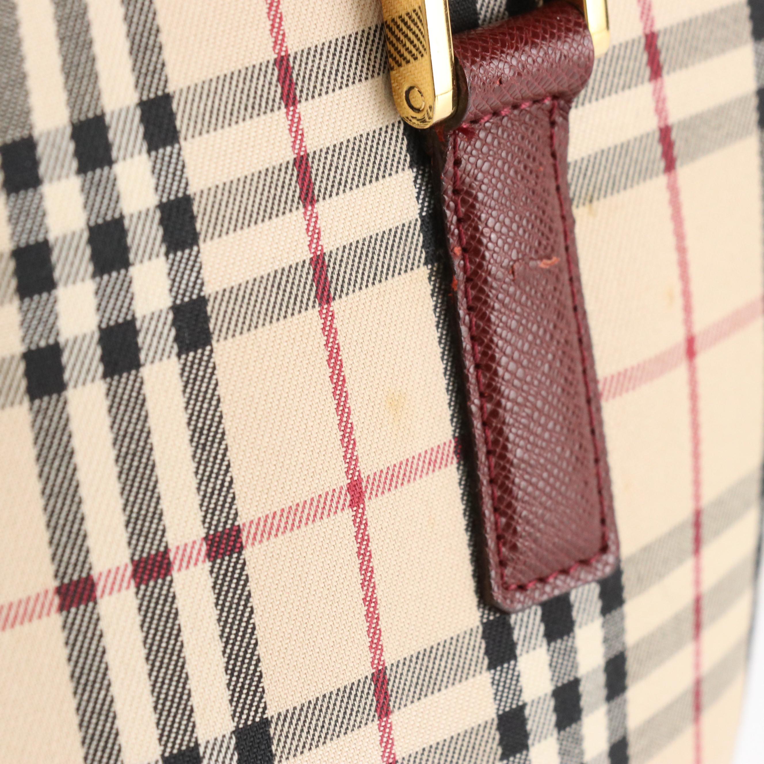 Burberry Shoulder Bag in House Check Canvas and Dark Red Saffiano Leather