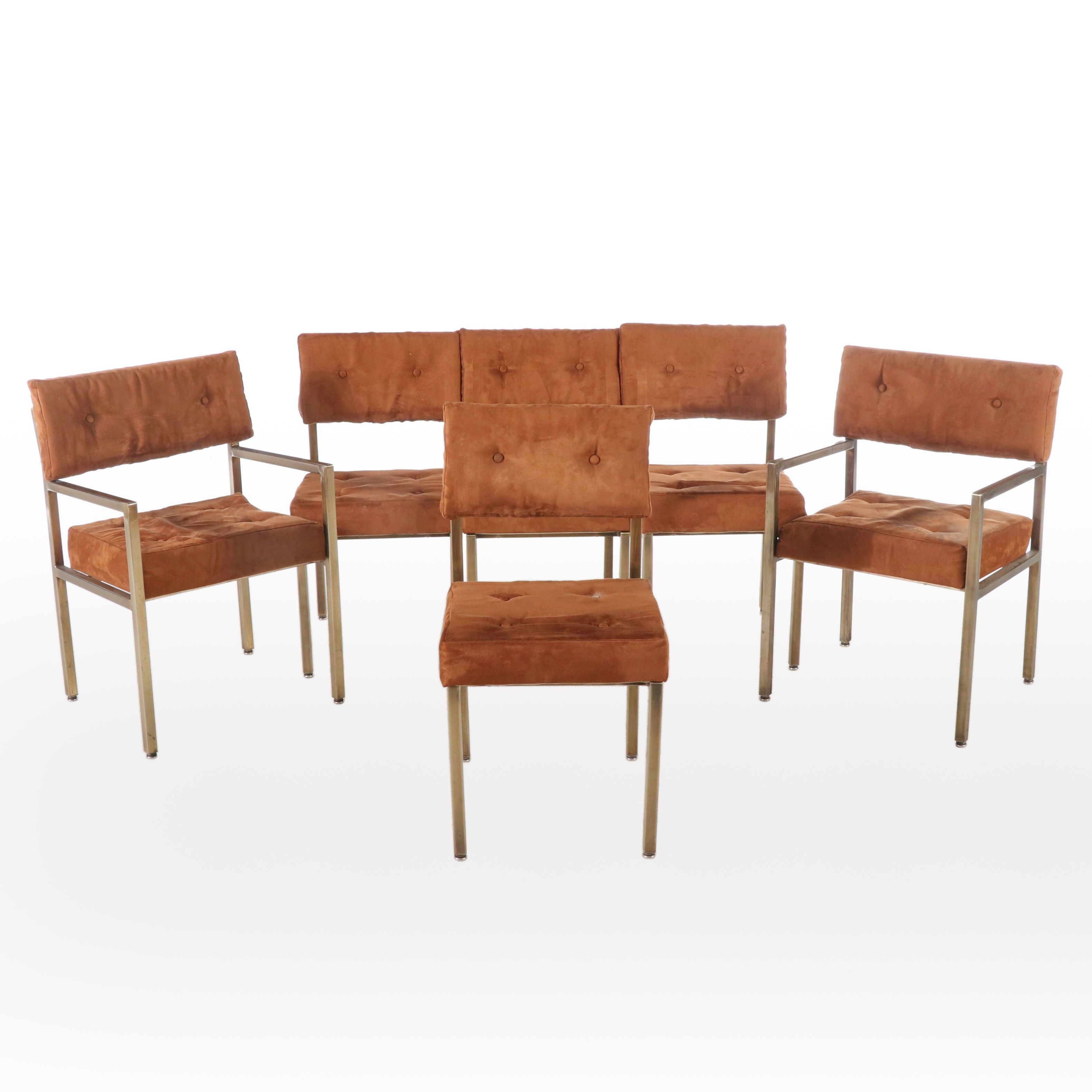 Set of Six Postmodernist Upholstered Brass Tone Dining Chairs, Late 20th Century