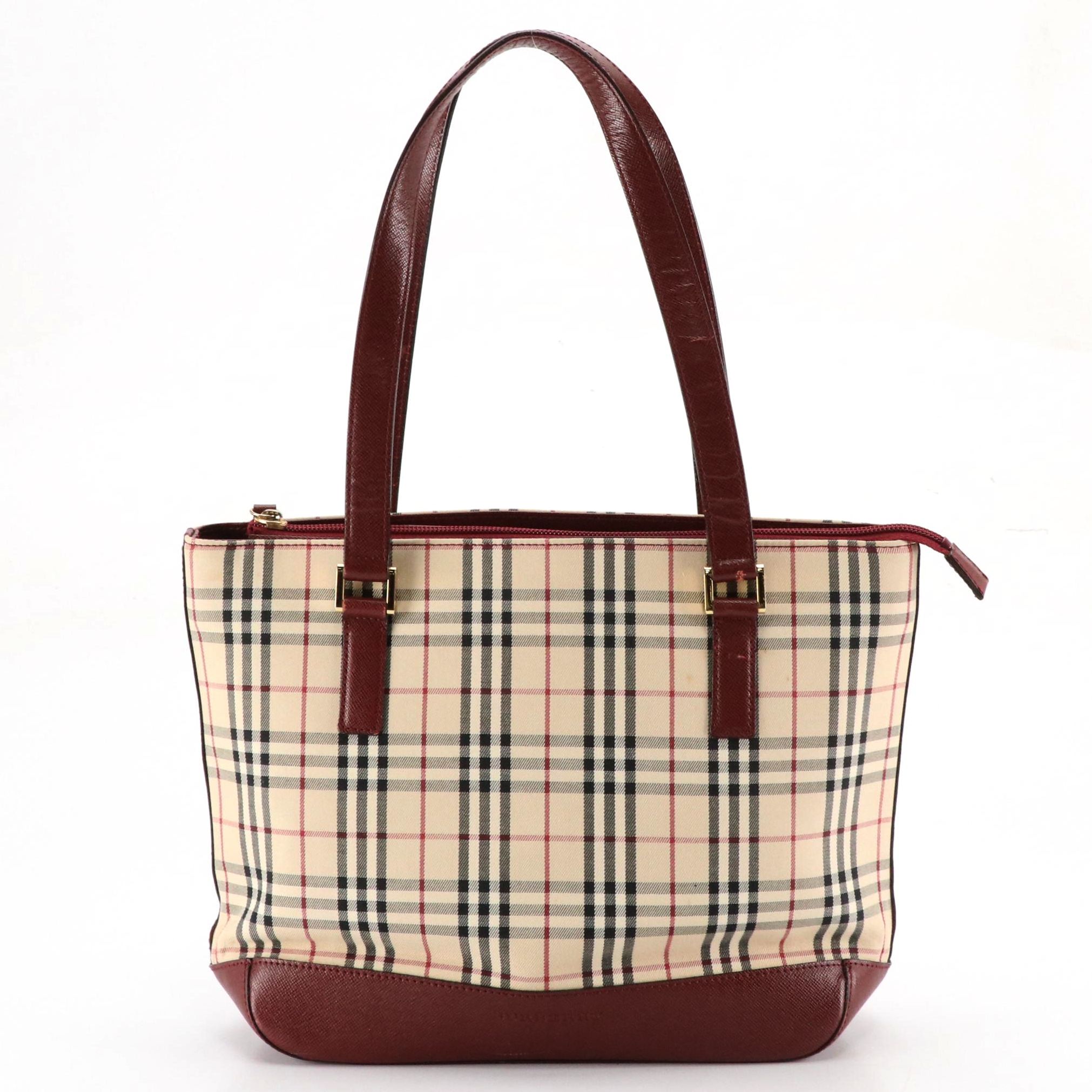 Burberry Shoulder Bag in House Check Canvas and Dark Red Saffiano Leather