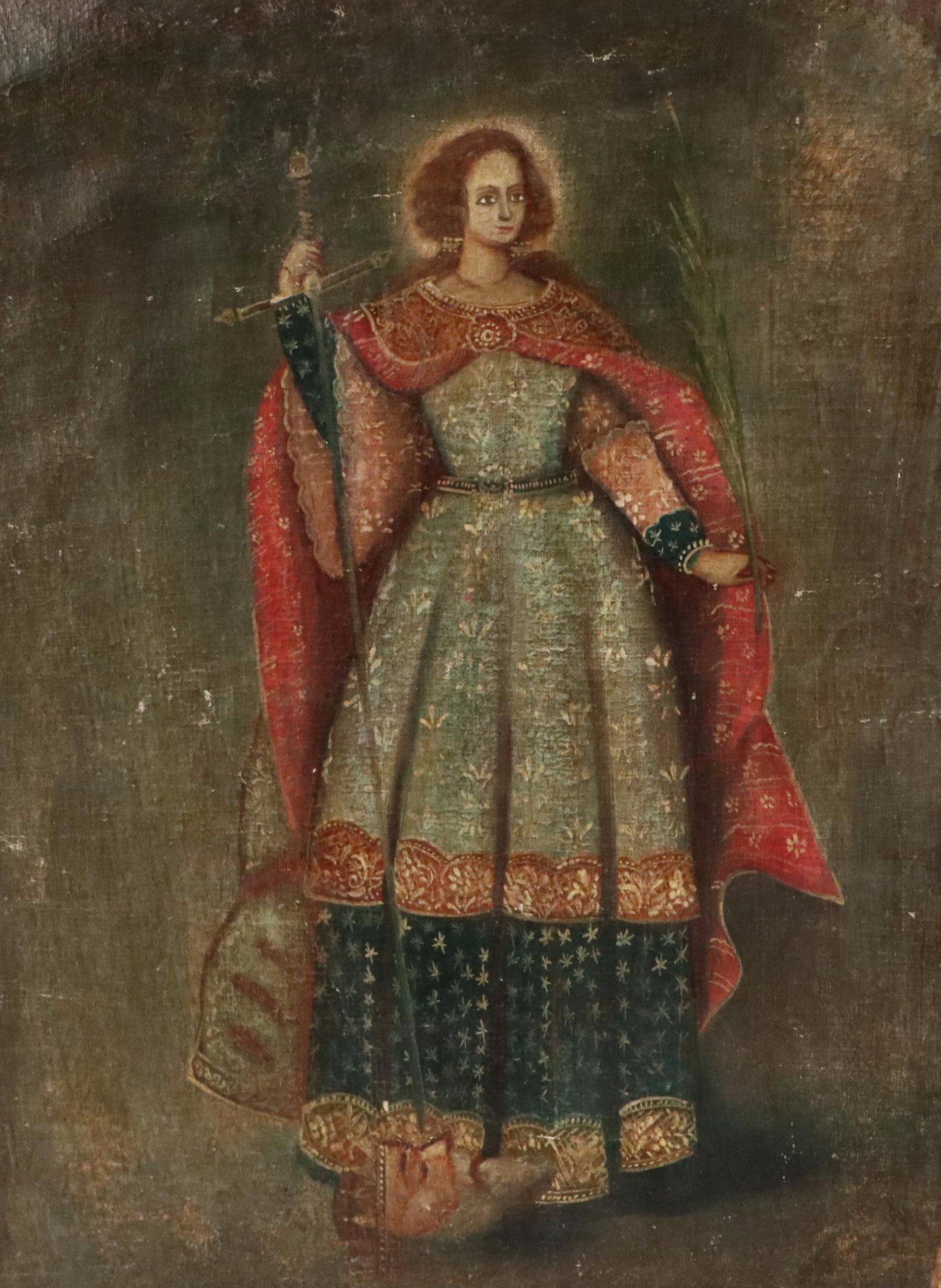 Spanish Colonial Cusco Style Oil Portrait of Martyred Female Saint