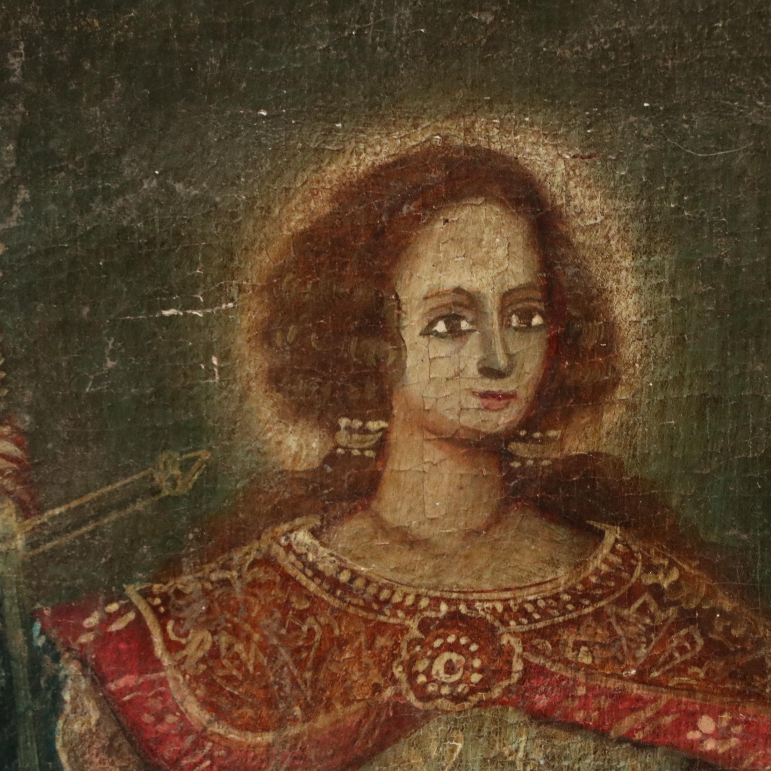 Spanish Colonial Cusco Style Oil Portrait of Martyred Female Saint