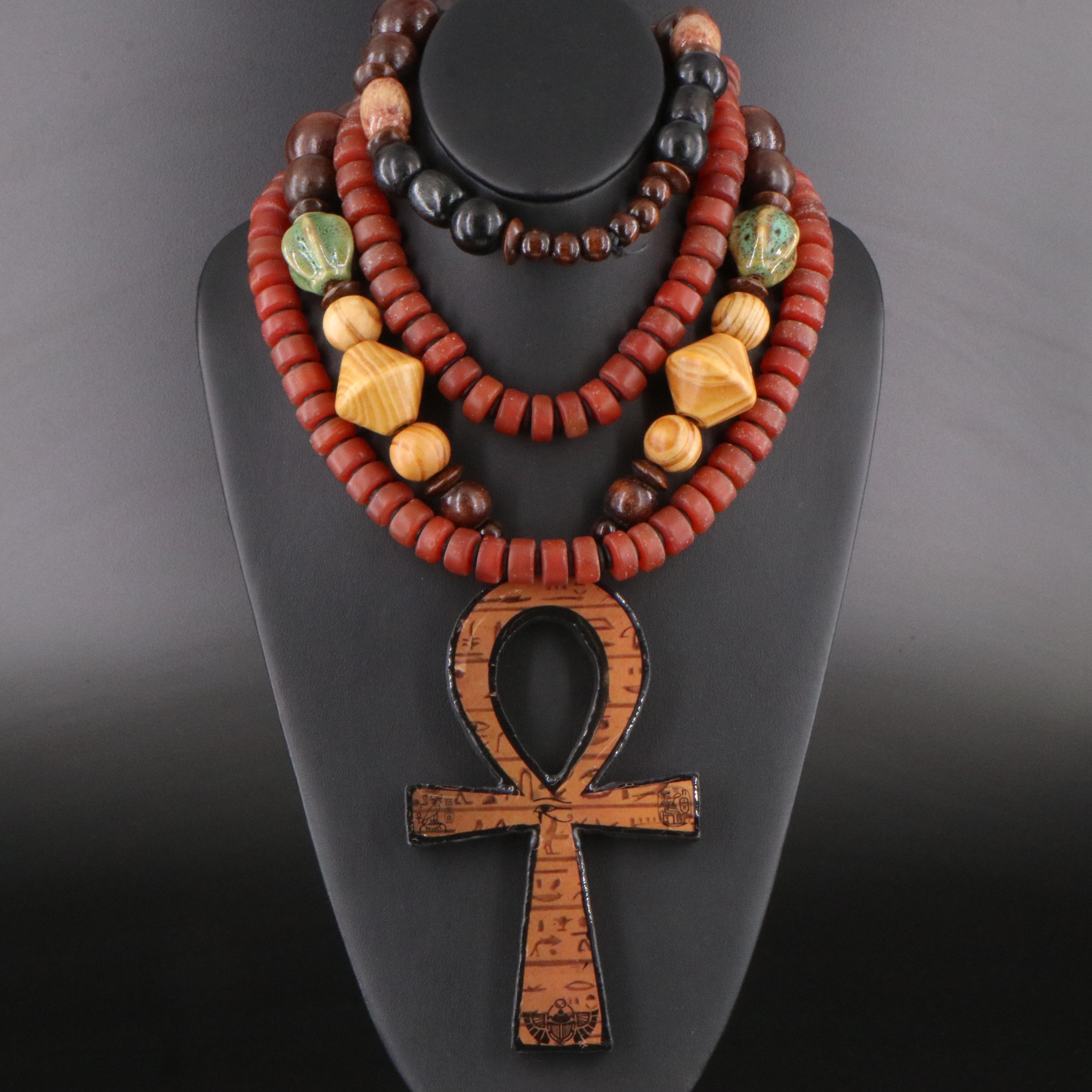 Ankh and Mala Bead Necklaces Including Wood, Agate and Carnelian