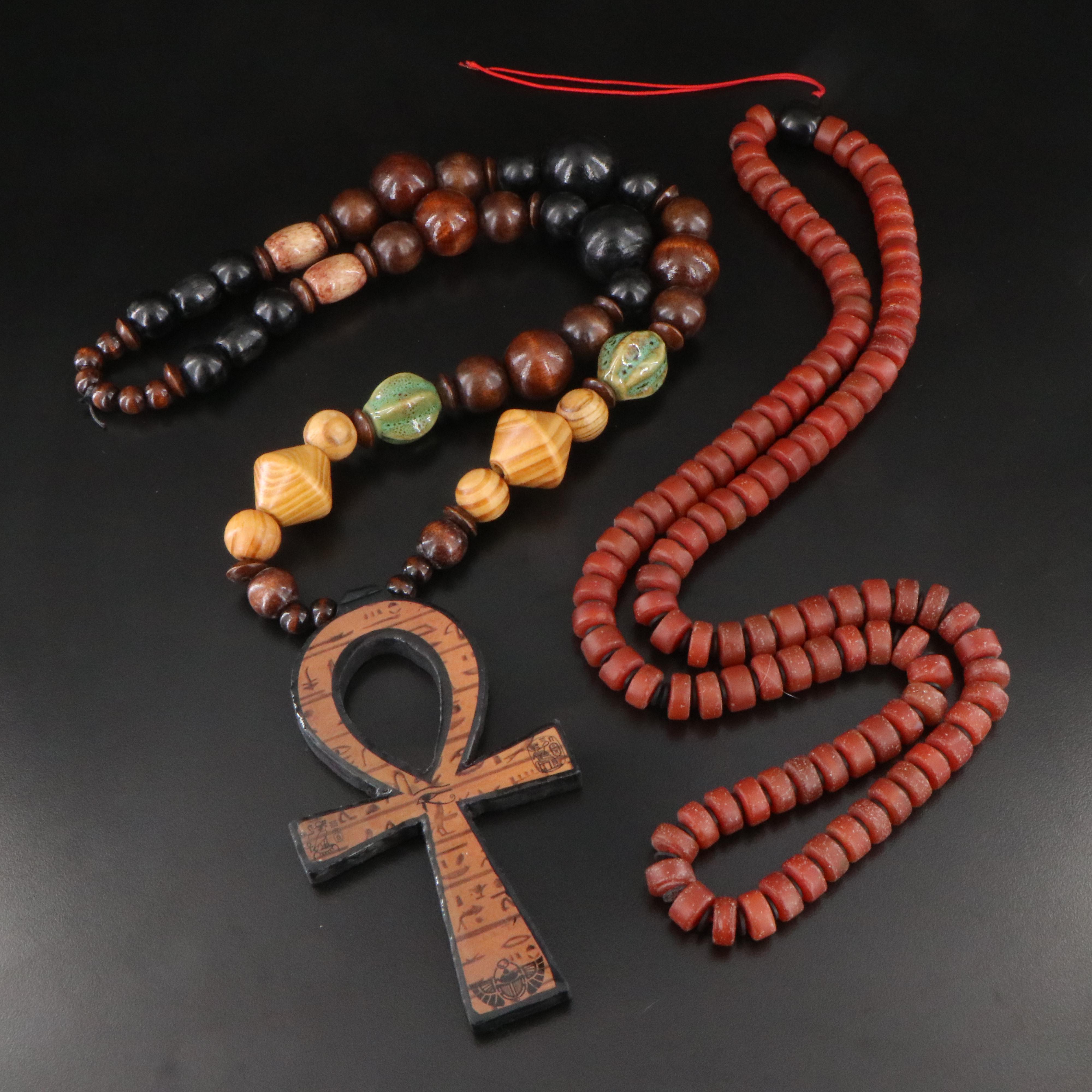 Ankh and Mala Bead Necklaces Including Wood, Agate and Carnelian