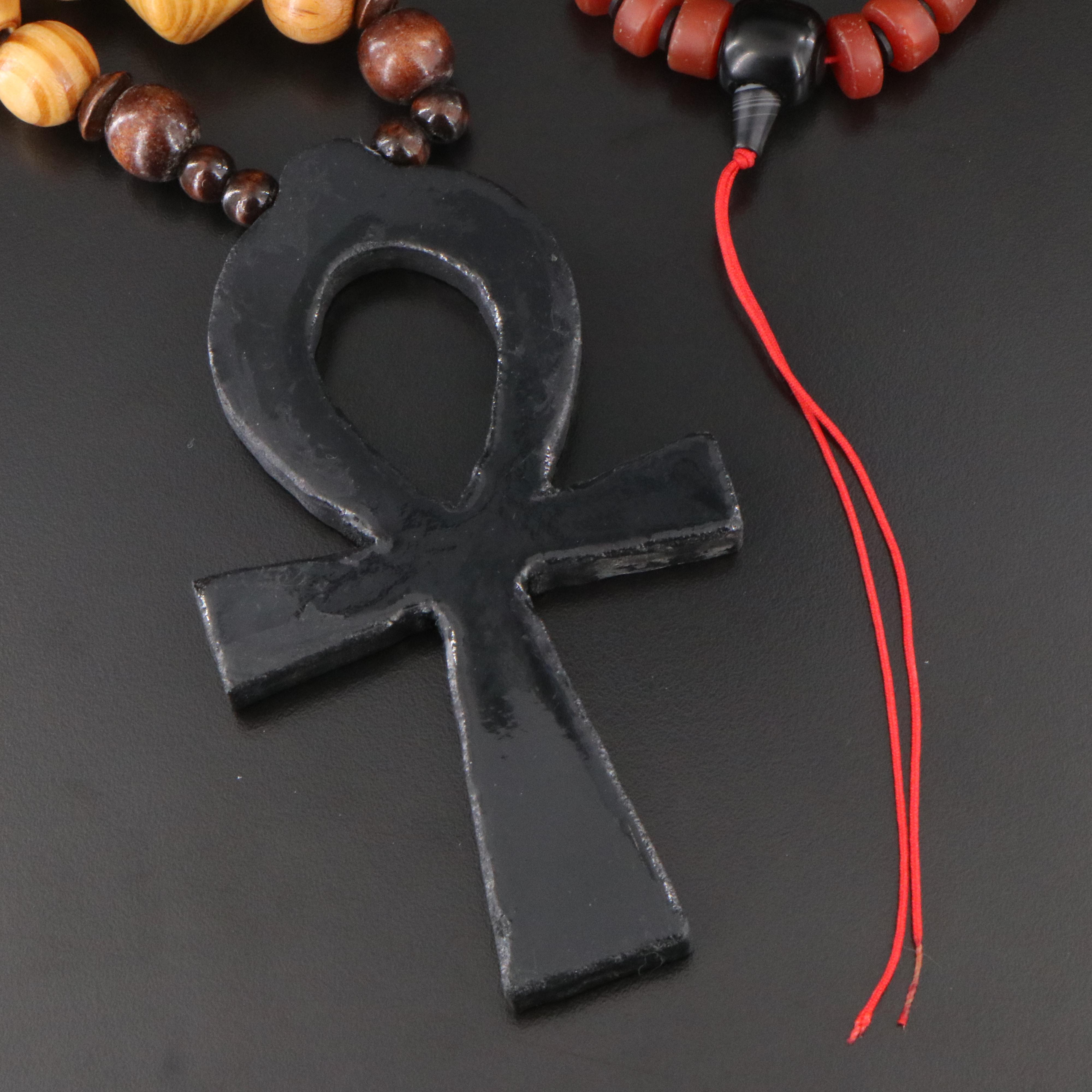 Ankh and Mala Bead Necklaces Including Wood, Agate and Carnelian