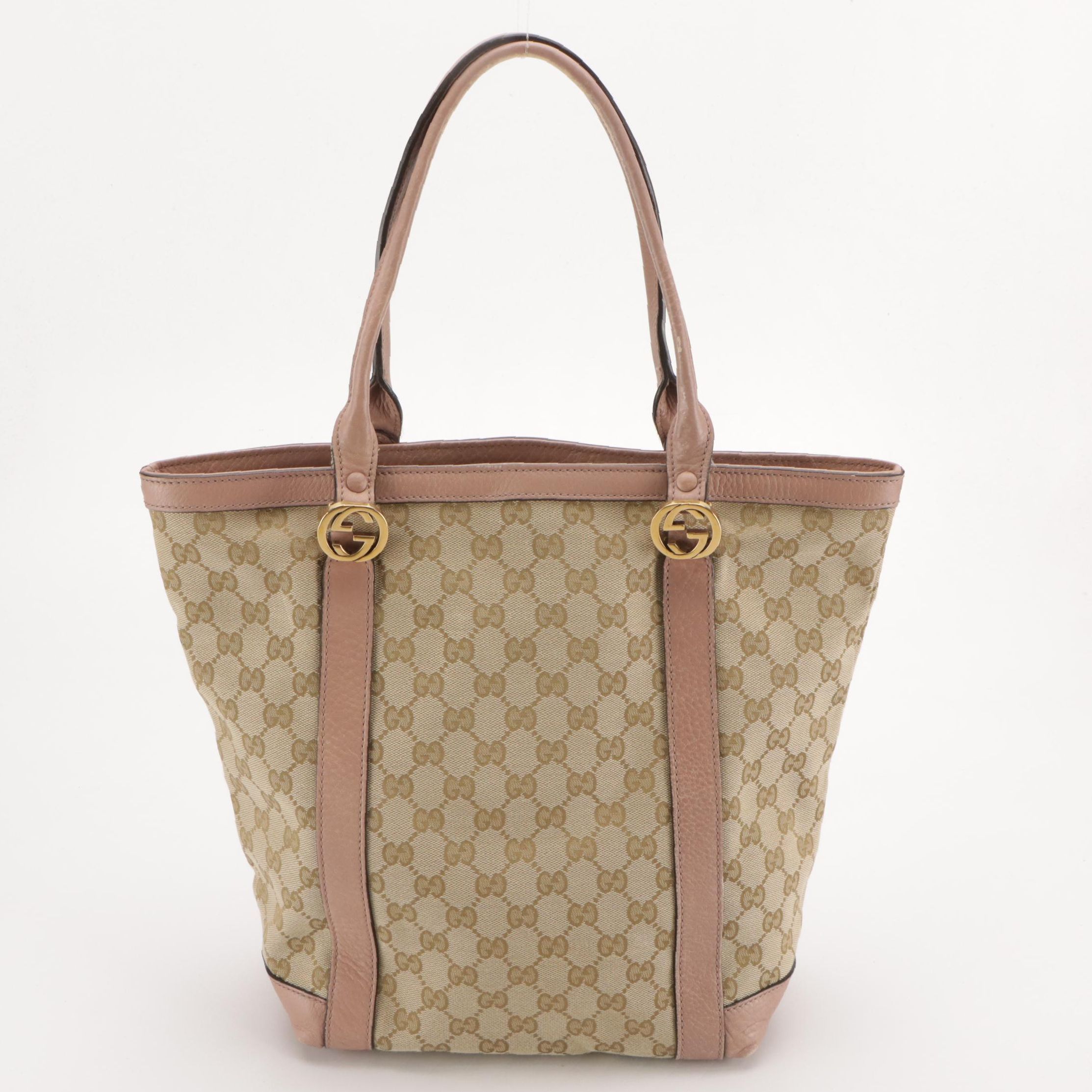 Gucci GG Tote Bag in Jacquard Canvas and Blush Pink Calfskin Leather