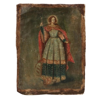 Spanish Colonial Cusco Style Oil Portrait of Martyred Female Saint Spanish Colonial Cusco Style Oil Portrait of Martyred Female Saint