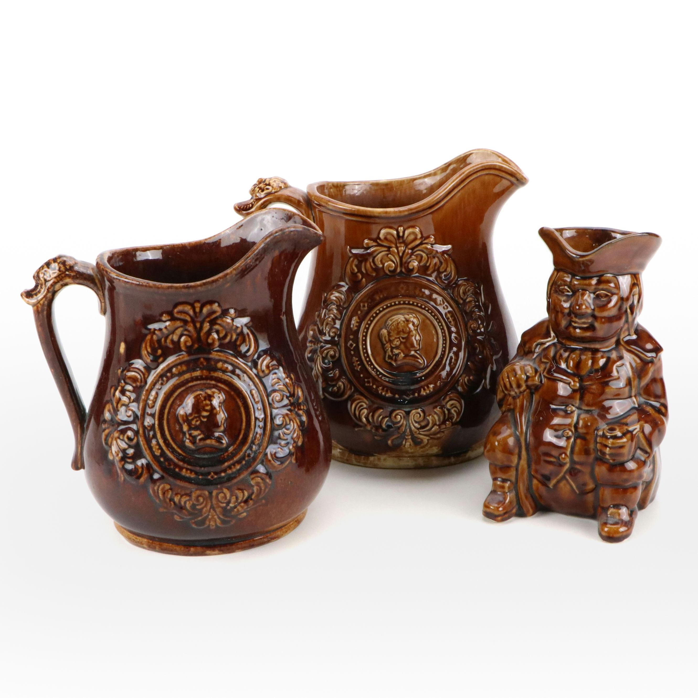 Bennington Rockinham Ceramic Pitchers and Brown Ware Toby Jug Pitcher