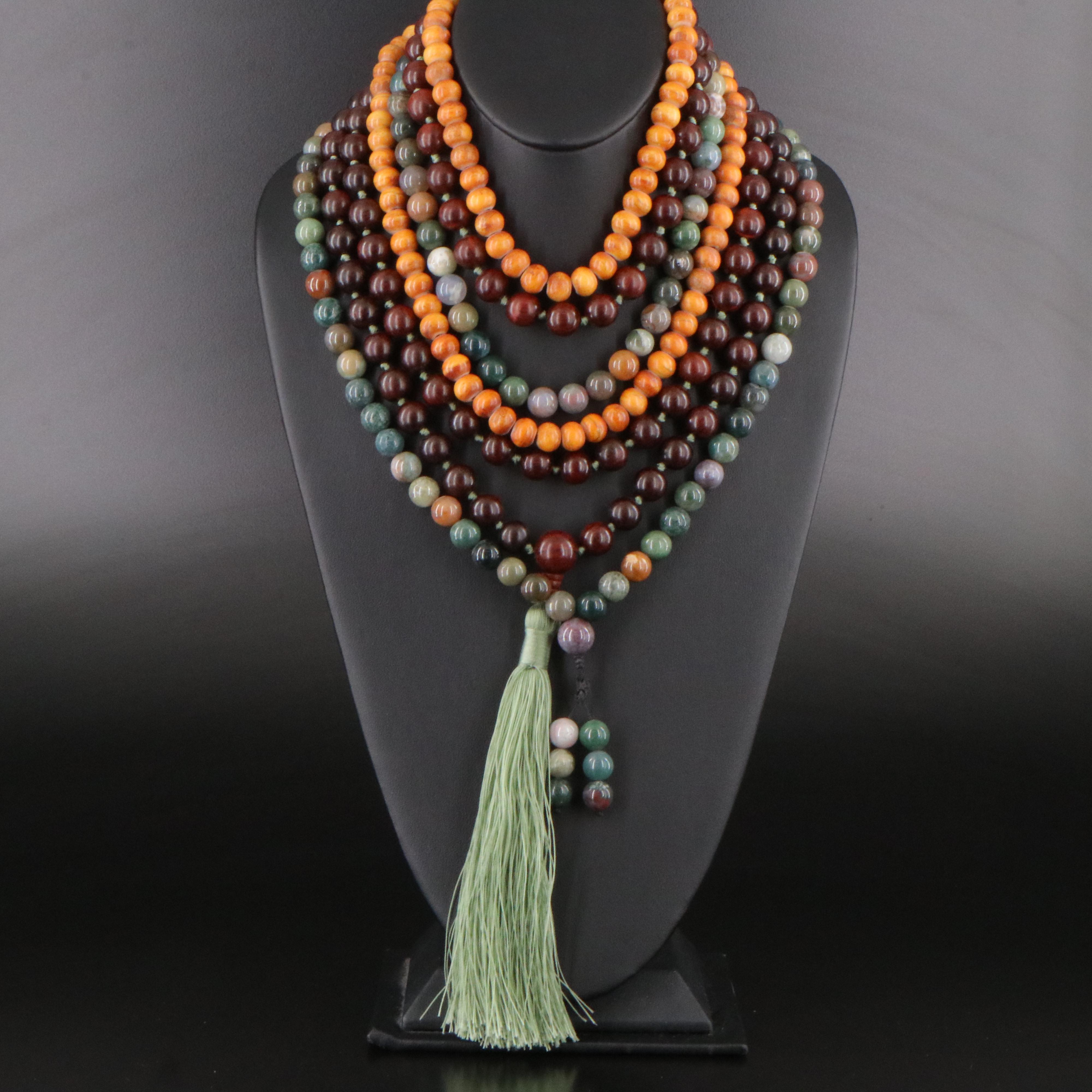Wood, Bone and Agate Mala Bead Necklaces