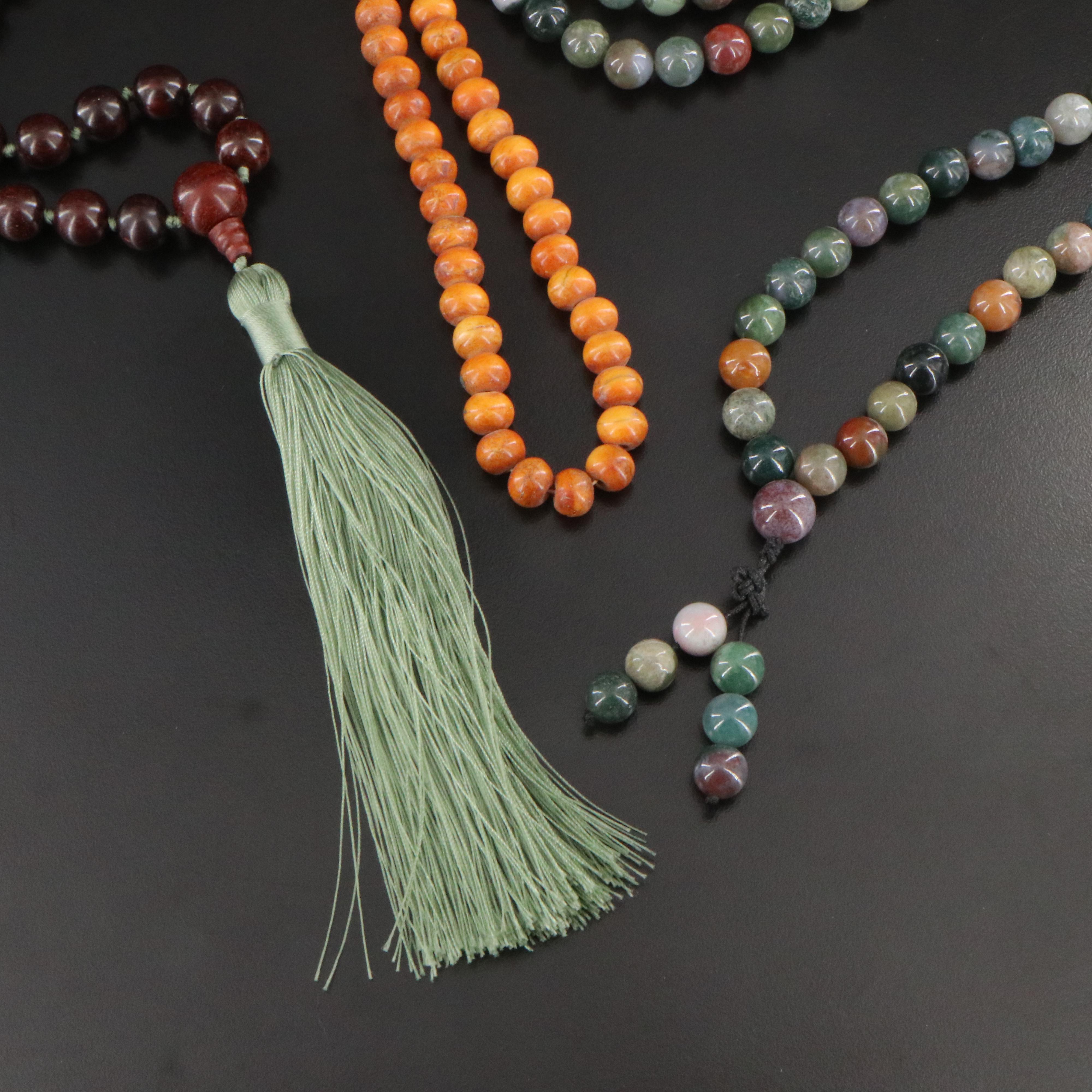 Wood, Bone and Agate Mala Bead Necklaces