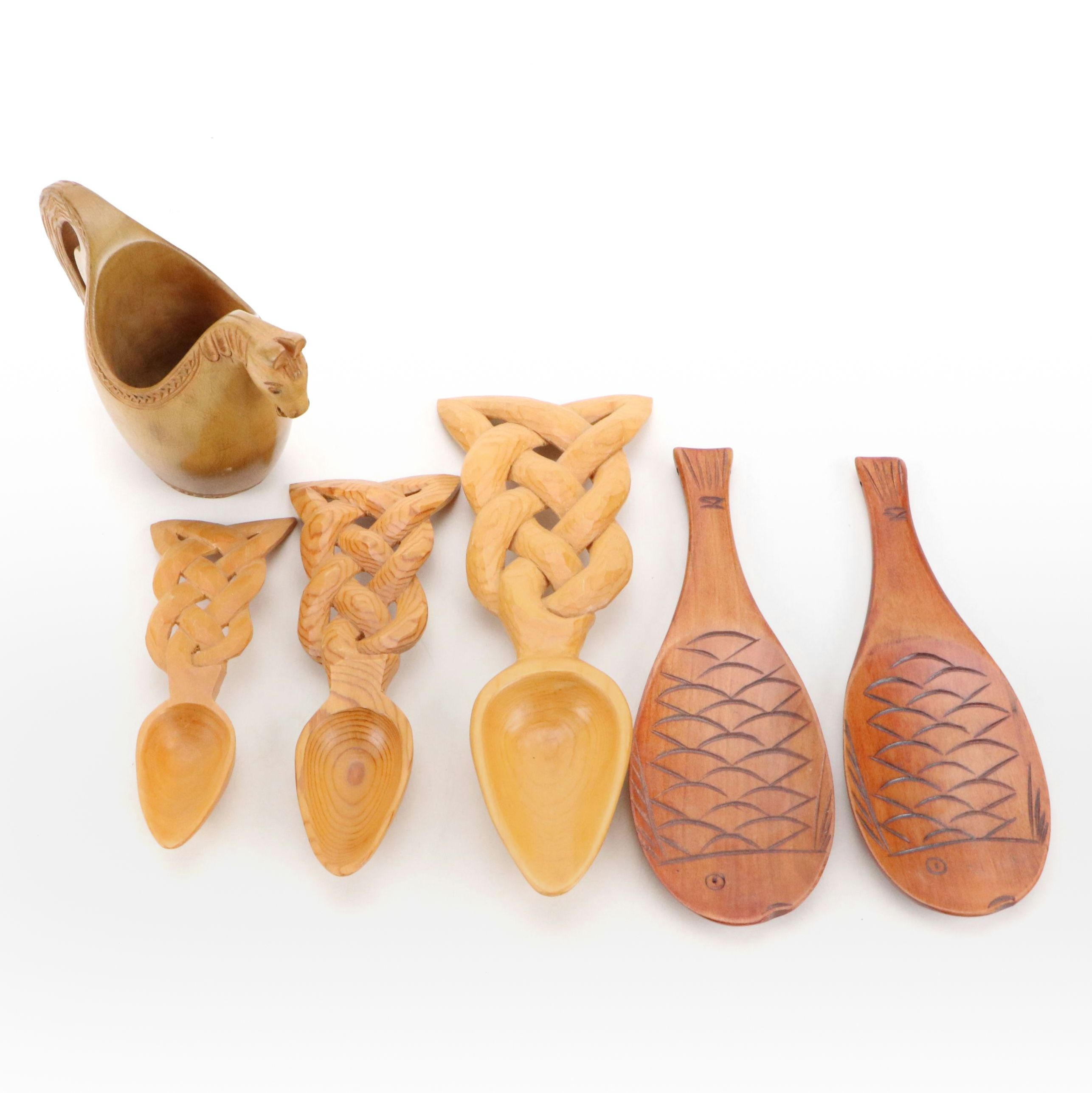 Continental Folk Art Horse Shepherd's Cup with Hand-Carved Wooden Spoons, 1980s