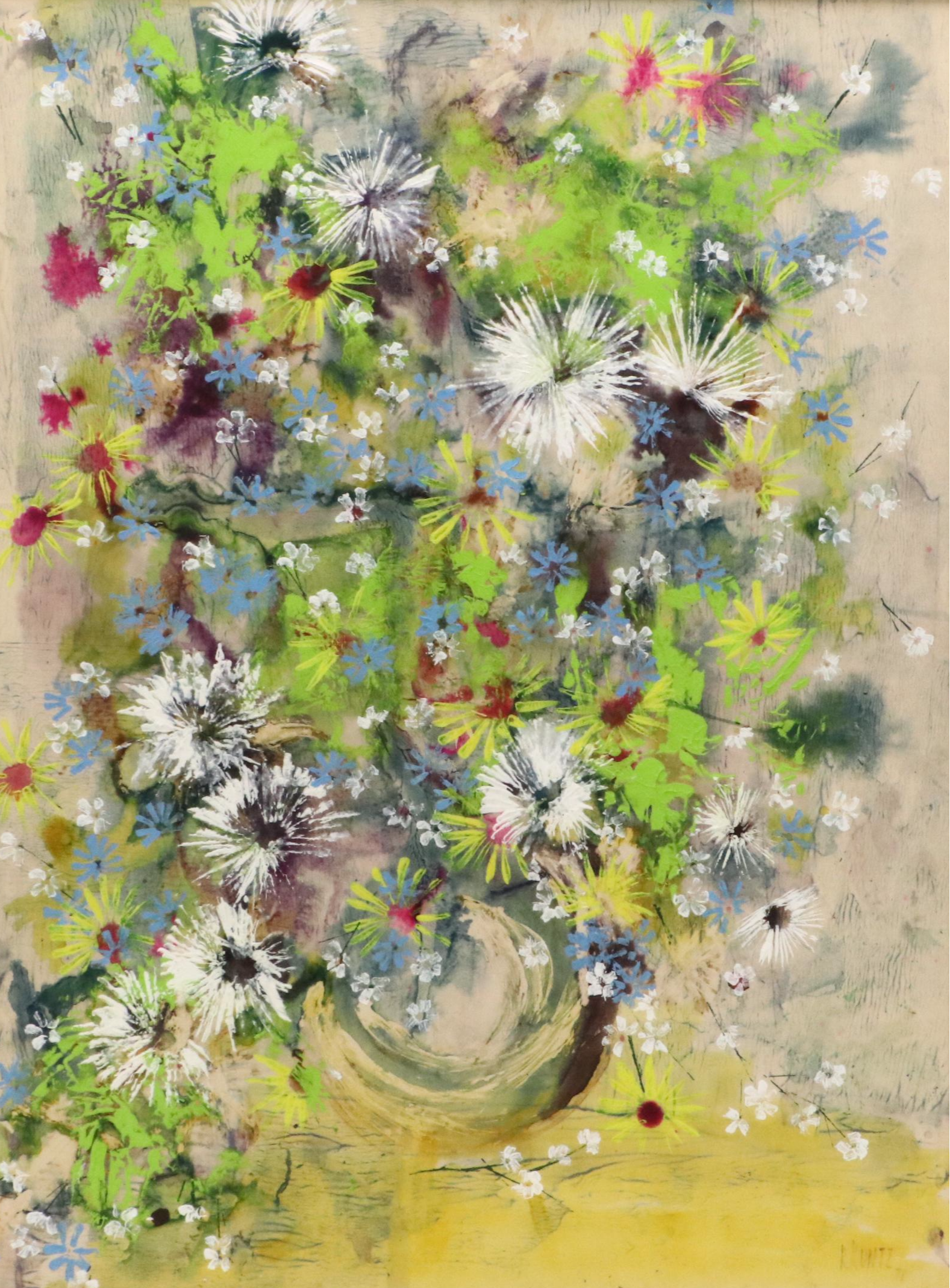 R. Kuntz Stylized Floral Acrylic Painting, 1971