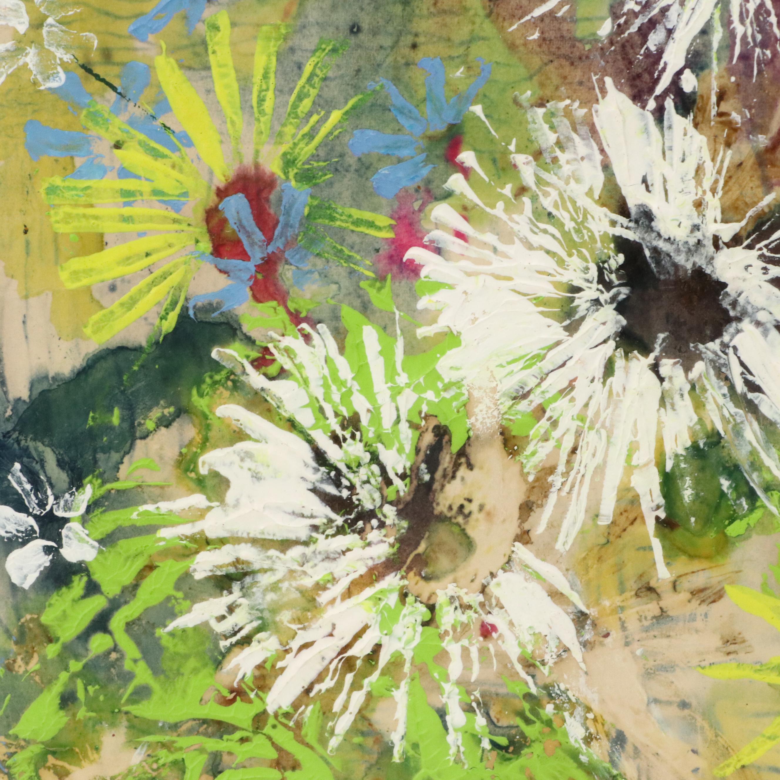 R. Kuntz Stylized Floral Acrylic Painting, 1971