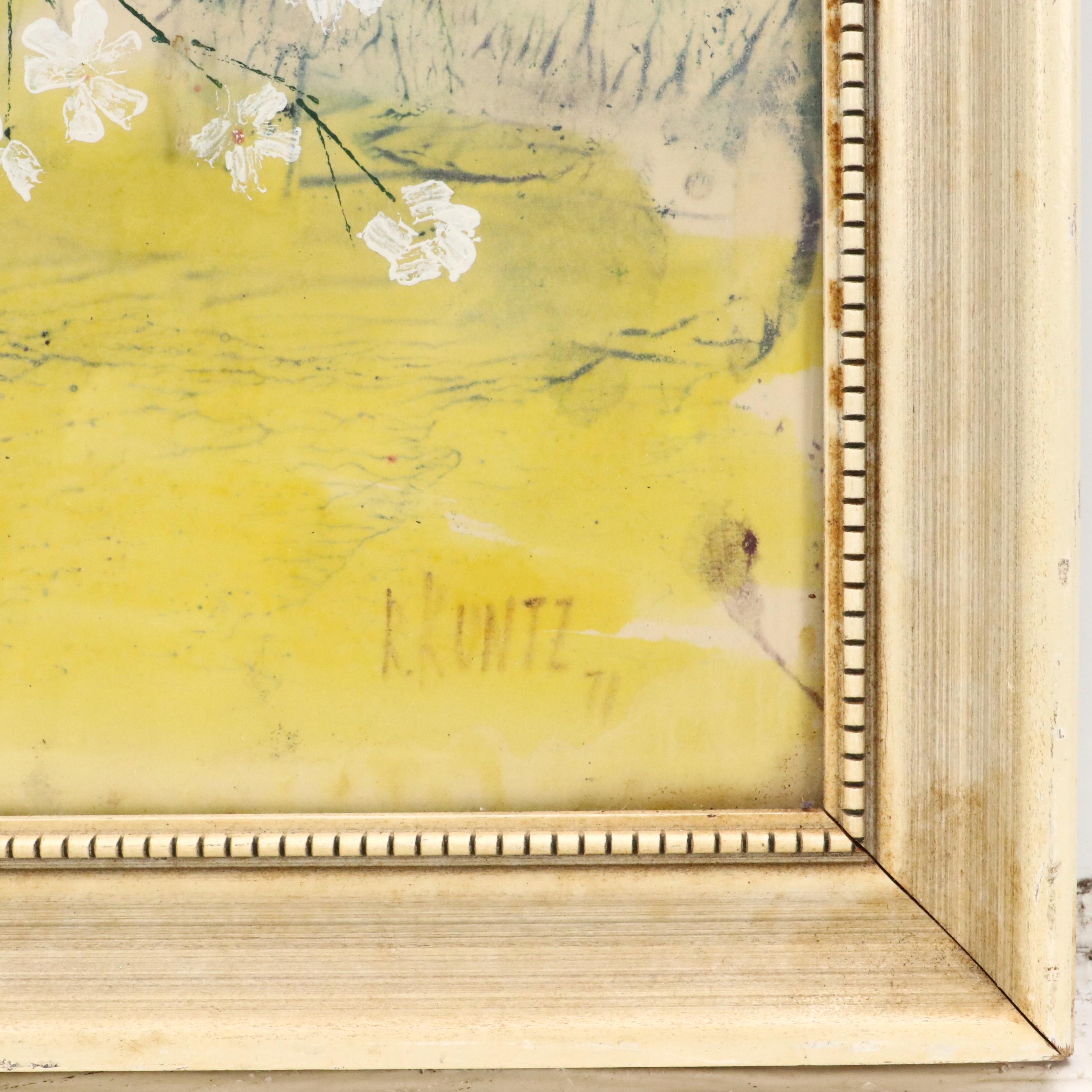 R. Kuntz Stylized Floral Acrylic Painting, 1971