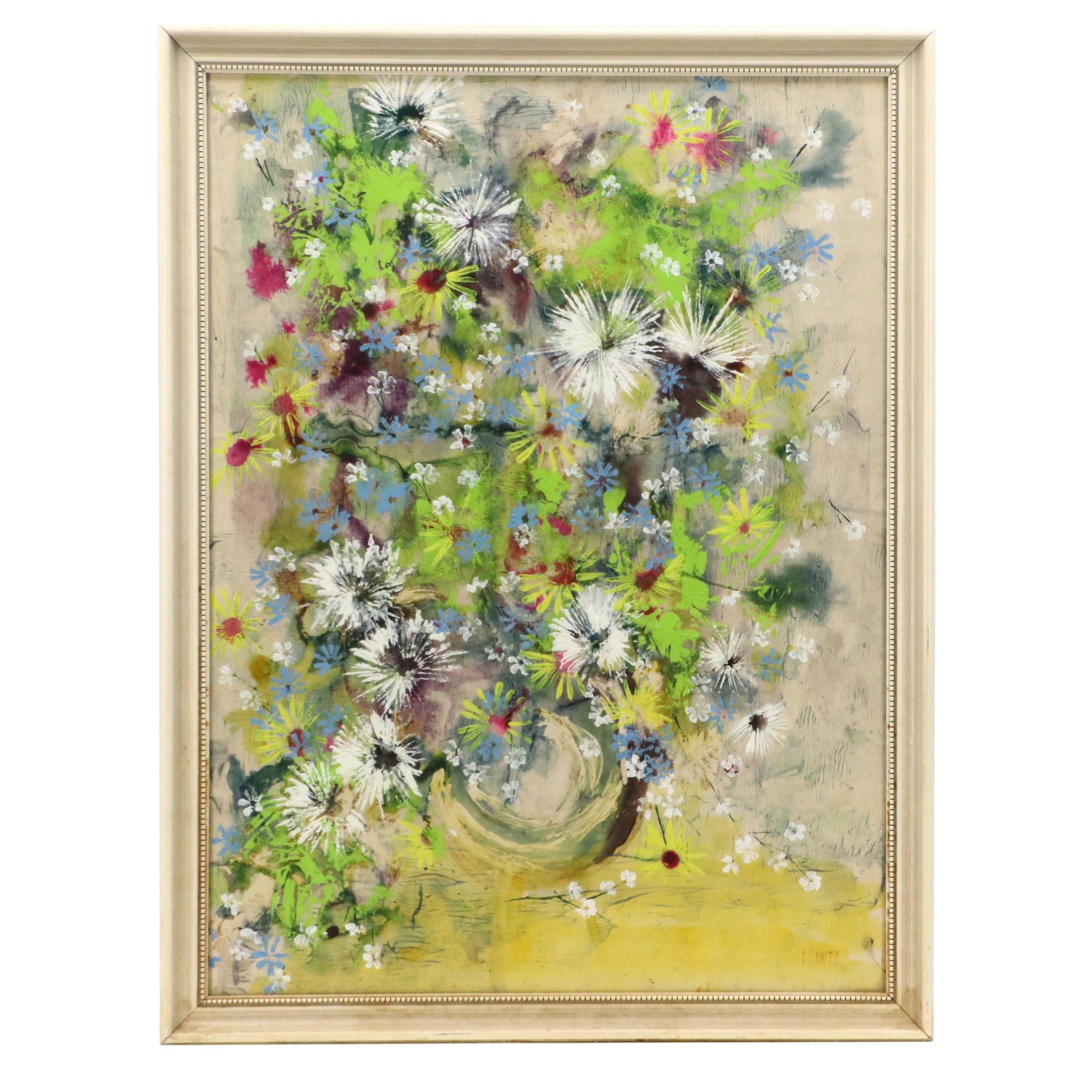 R. Kuntz Stylized Floral Acrylic Painting, 1971