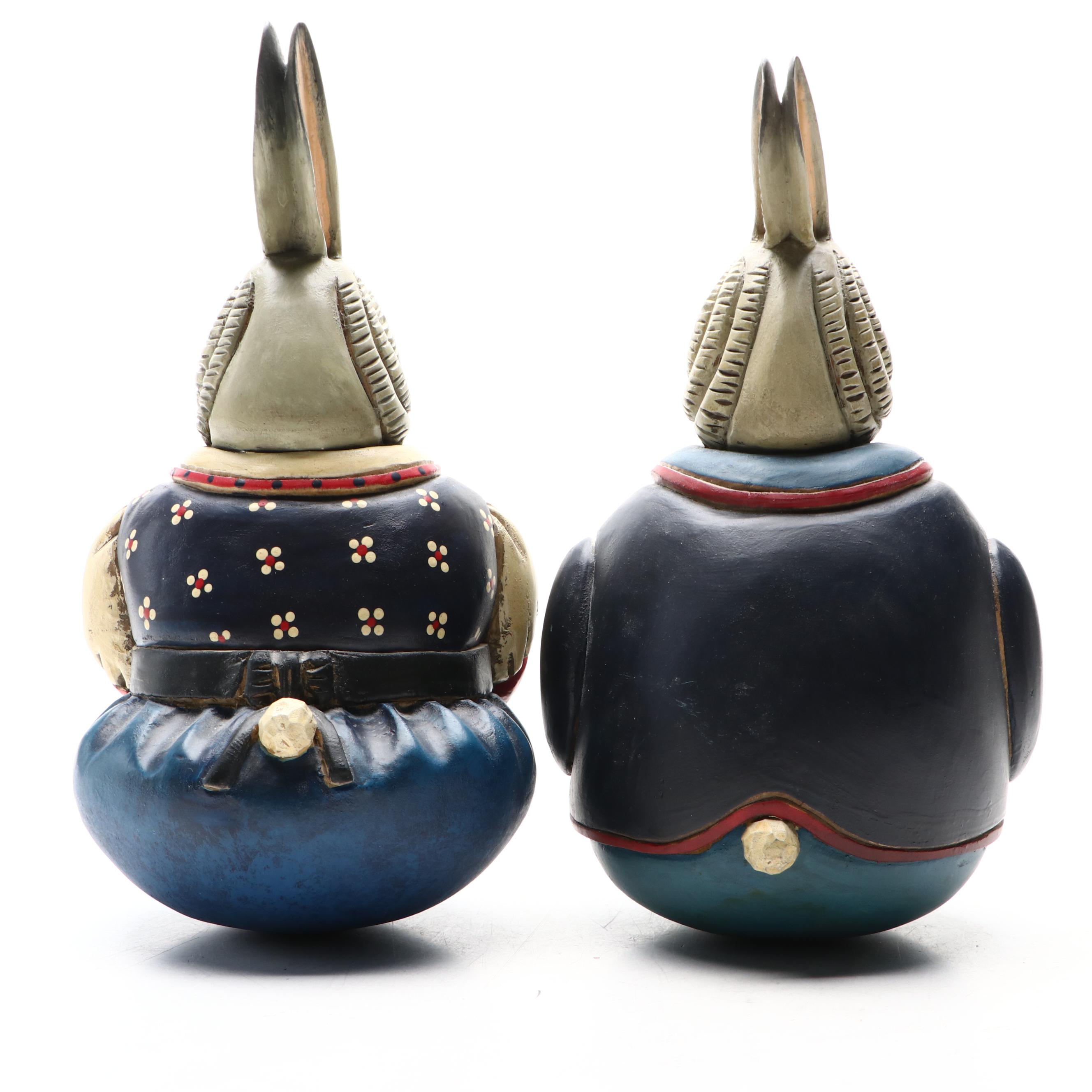 Hand-Painted Carved Wood Rabbit Figures