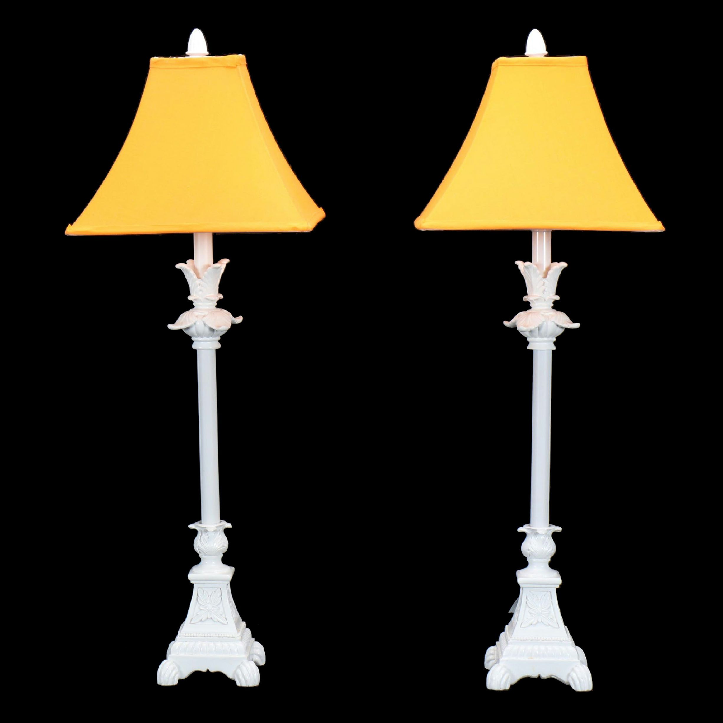 Neoclassical Acanthus Form Acrylic Candlestick Lamps with Orange Silk Shades