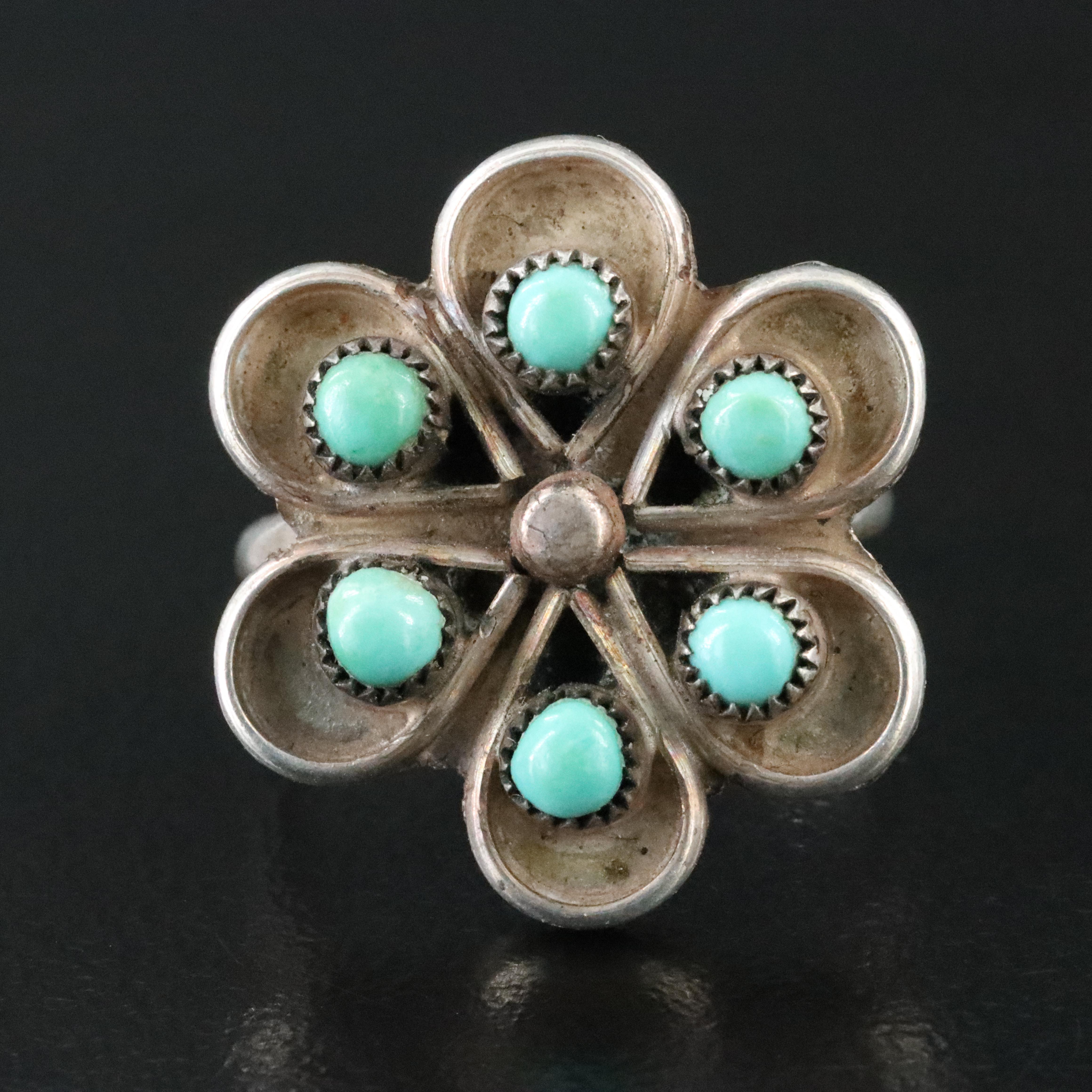 Western Style Sterling Turquoise Flower Ring