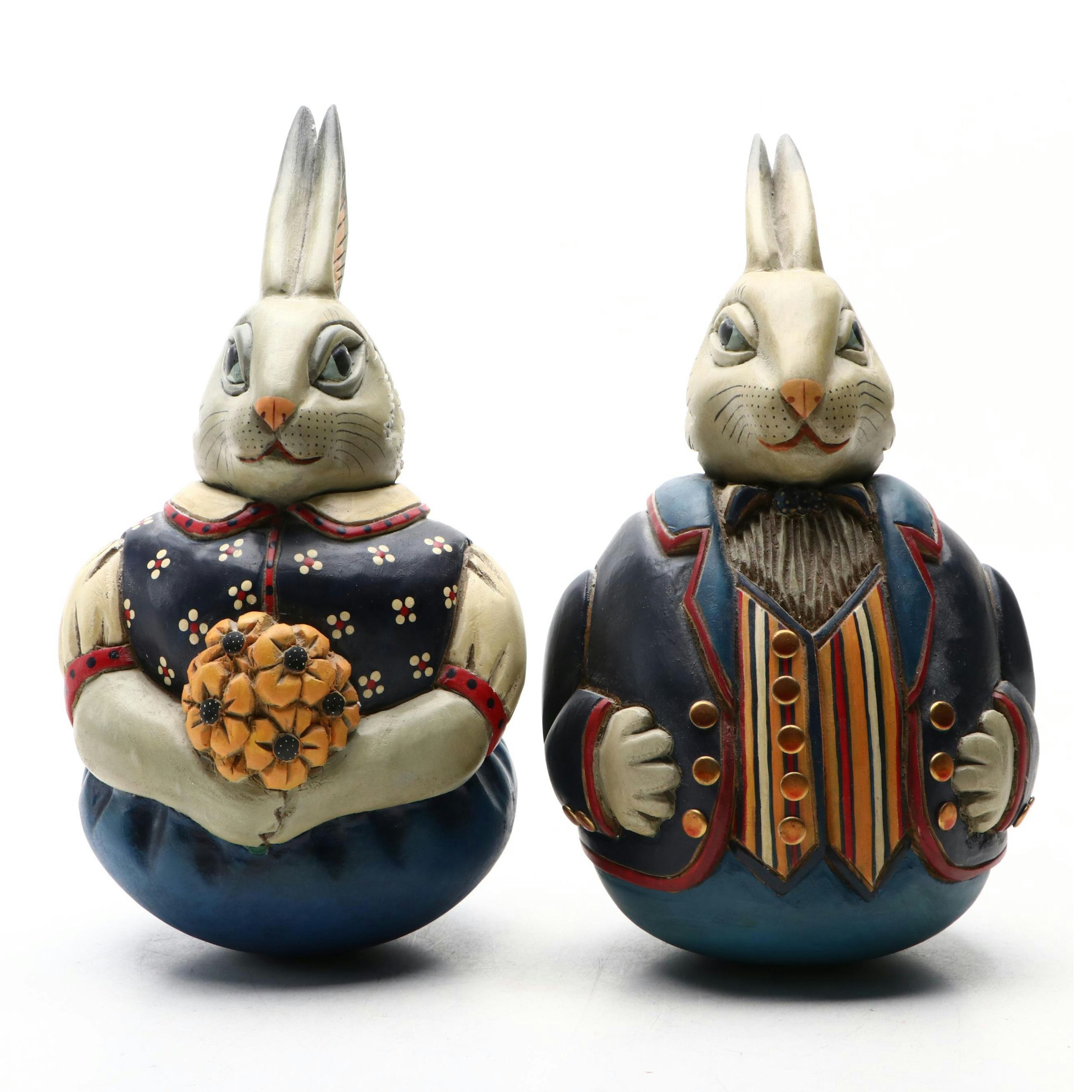 Hand-Painted Carved Wood Rabbit Figures