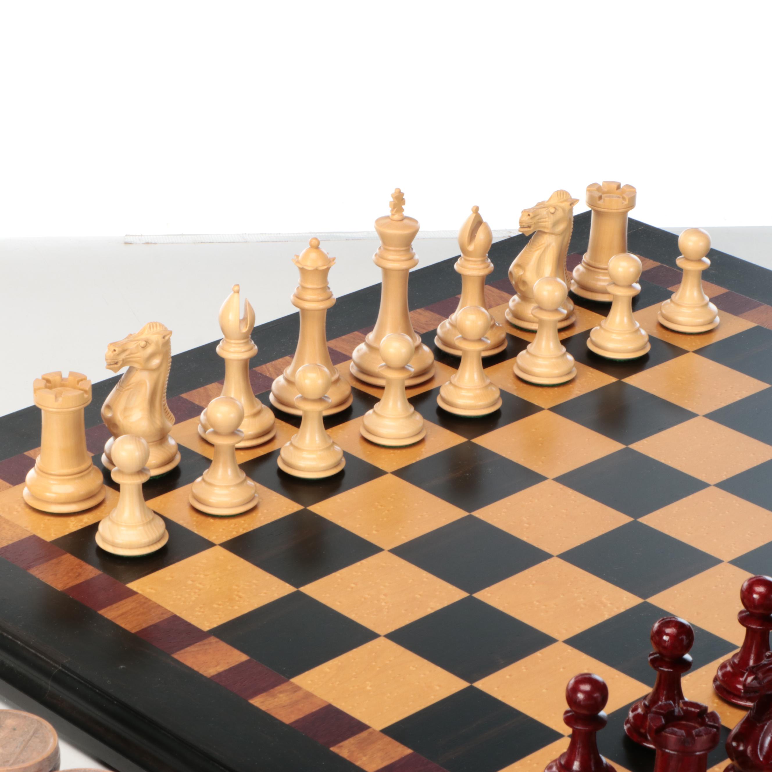 Wood Chessboard with Checker and Chess Pieces