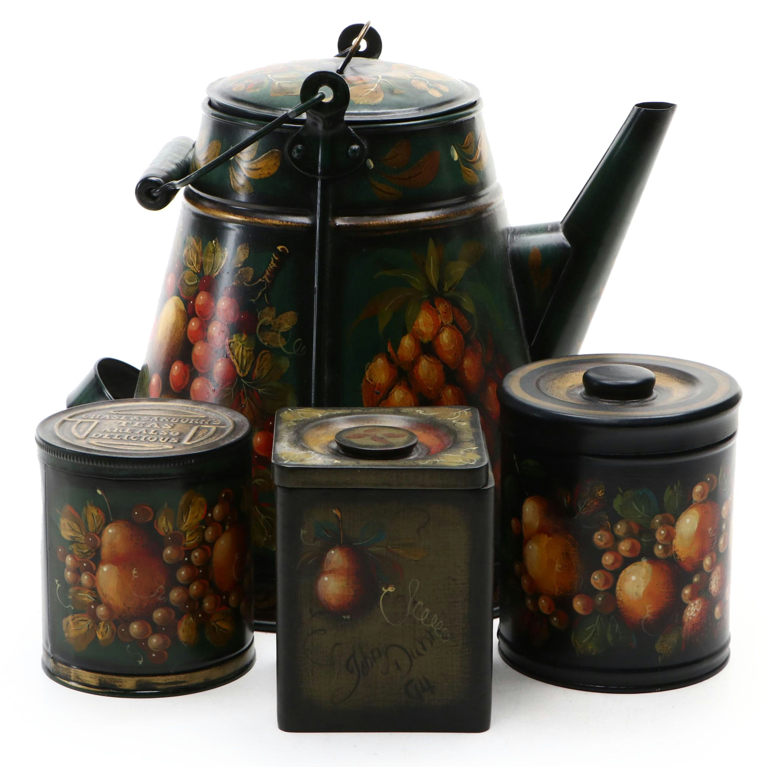 John Dunn Hand-Painted Folk Art Kettle with Tole Style Wood and Metal Canisters