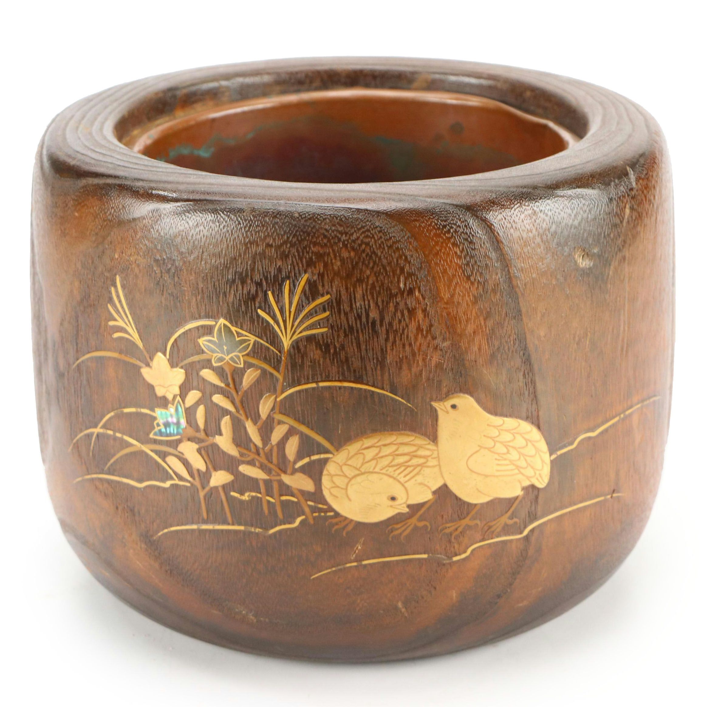 Japanese Lacquer Kiri Wood Hibachi with Metal and Abalone Inlay