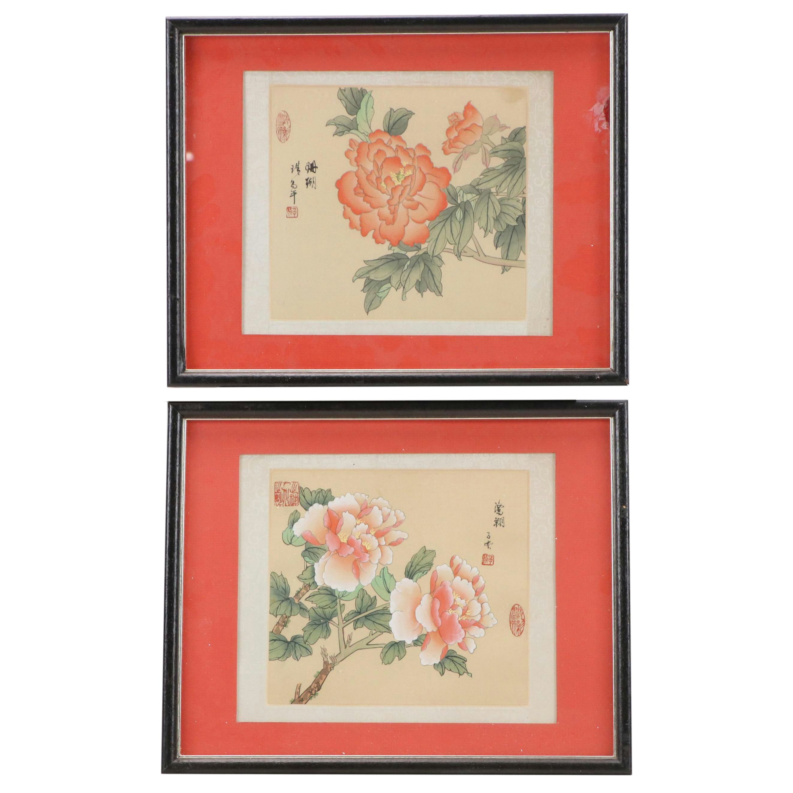 Chinese Gouache Paintings of Peonies, 20th Century