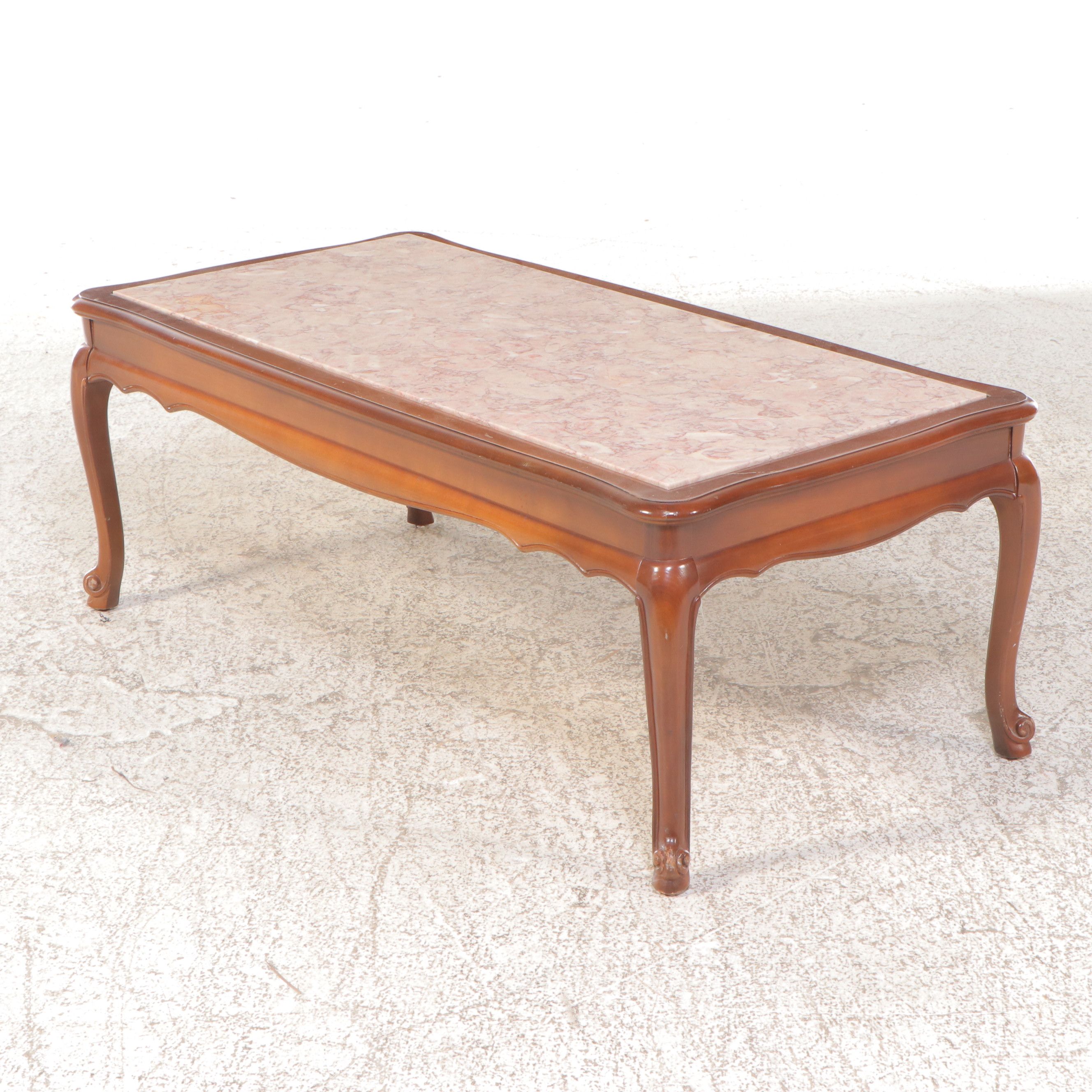 French Provincial Style Mahogany Coffee Table & End Table with Pink Marble Tops