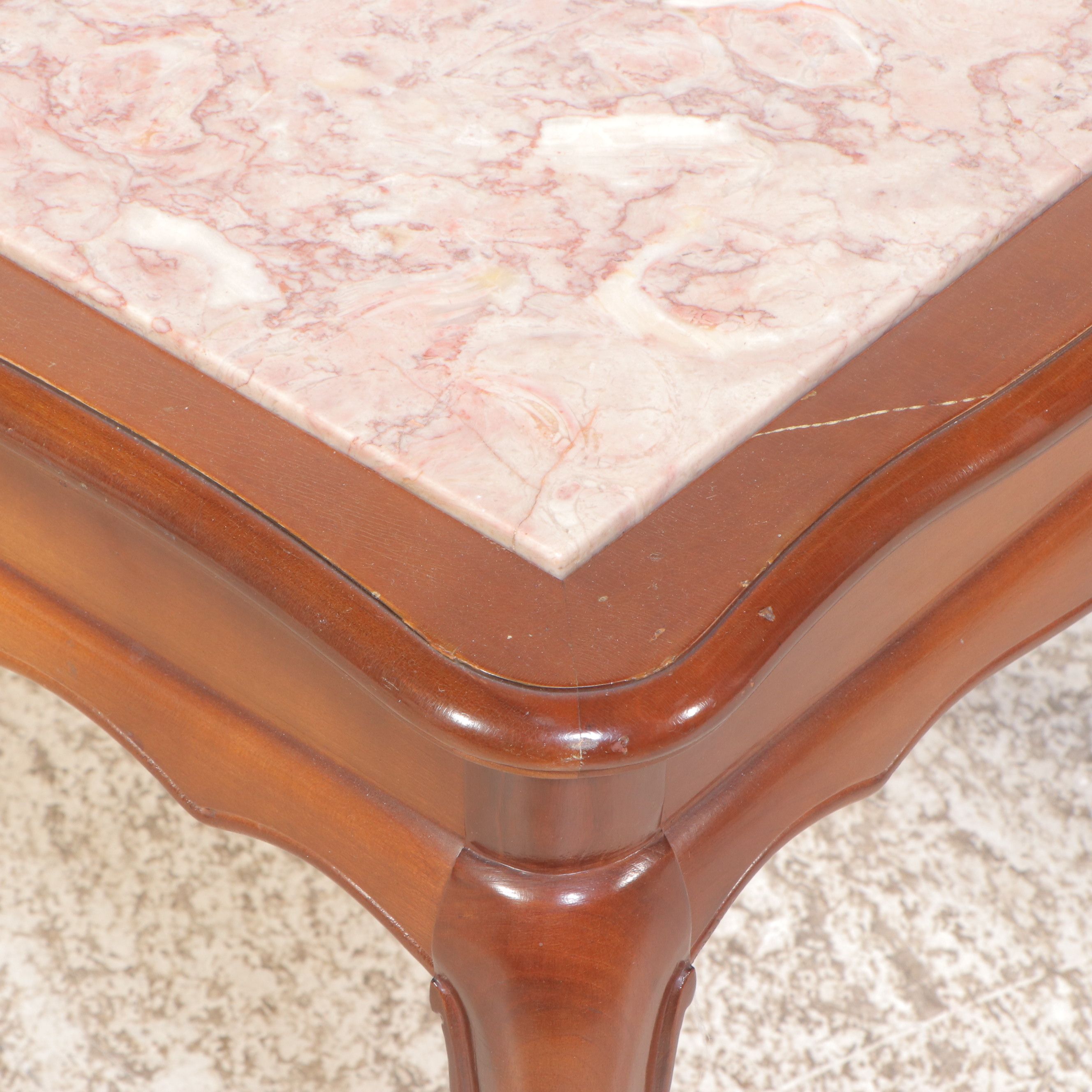 French Provincial Style Mahogany Coffee Table & End Table with Pink Marble Tops