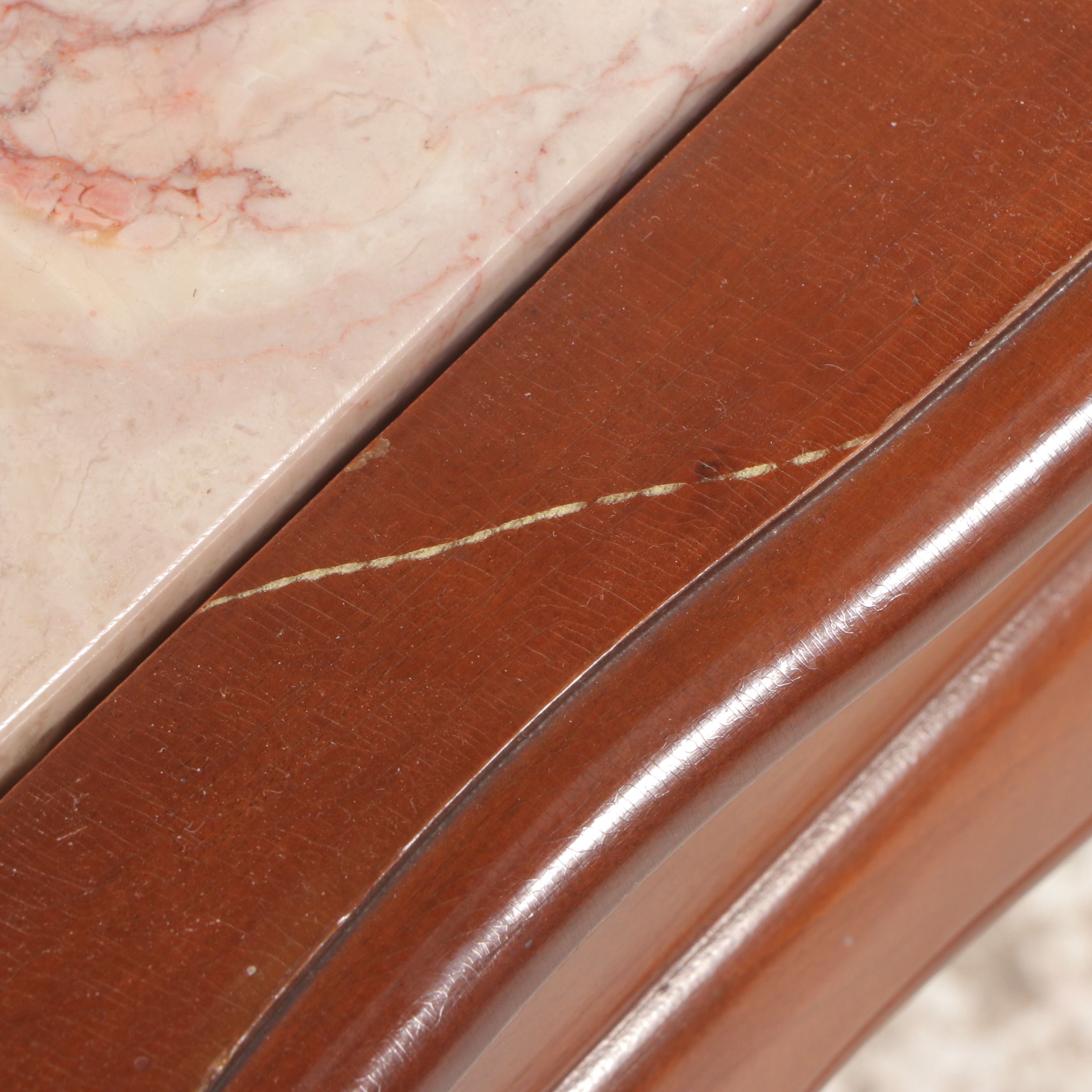 French Provincial Style Mahogany Coffee Table & End Table with Pink Marble Tops