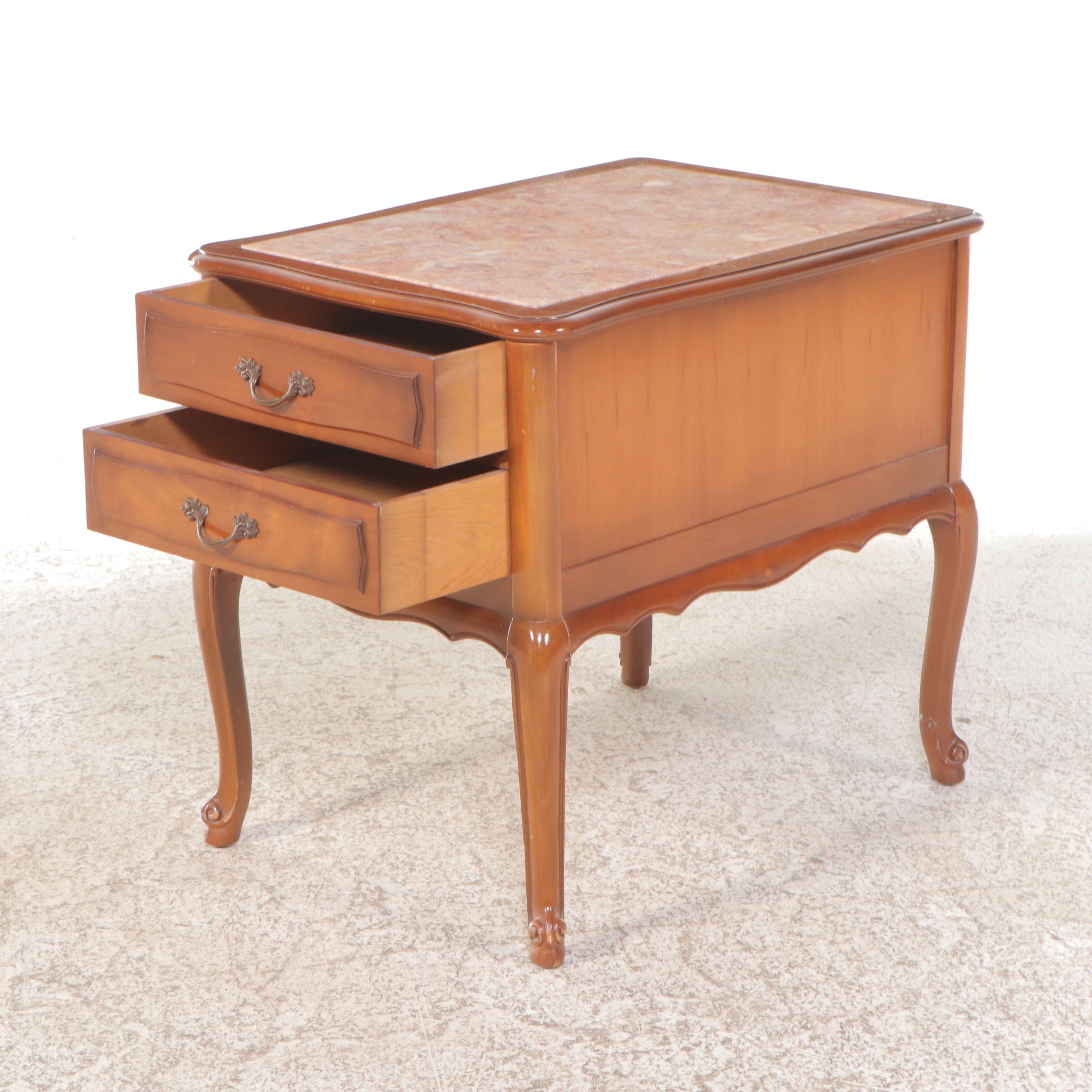 French Provincial Style Mahogany Coffee Table & End Table with Pink Marble Tops