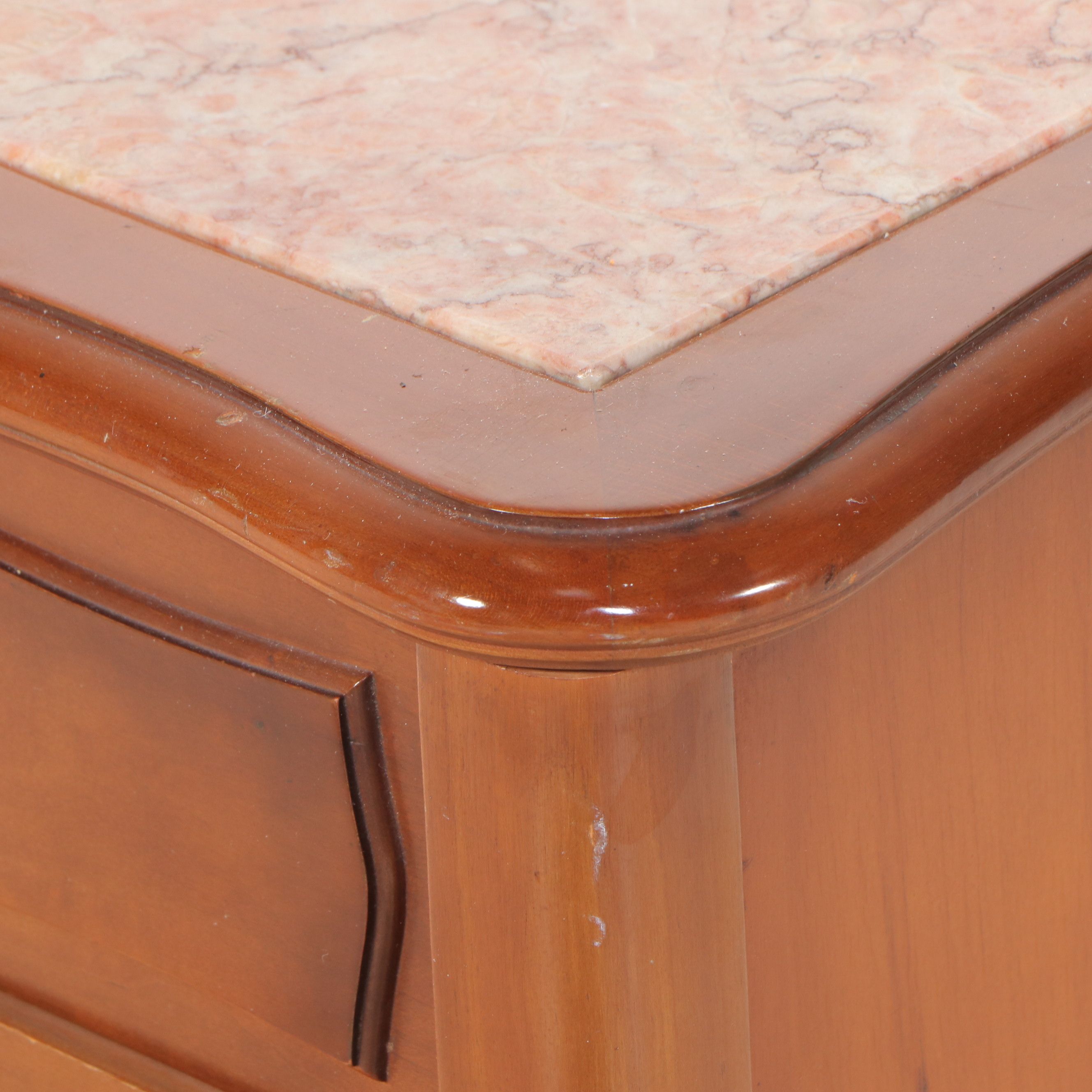 French Provincial Style Mahogany Coffee Table & End Table with Pink Marble Tops